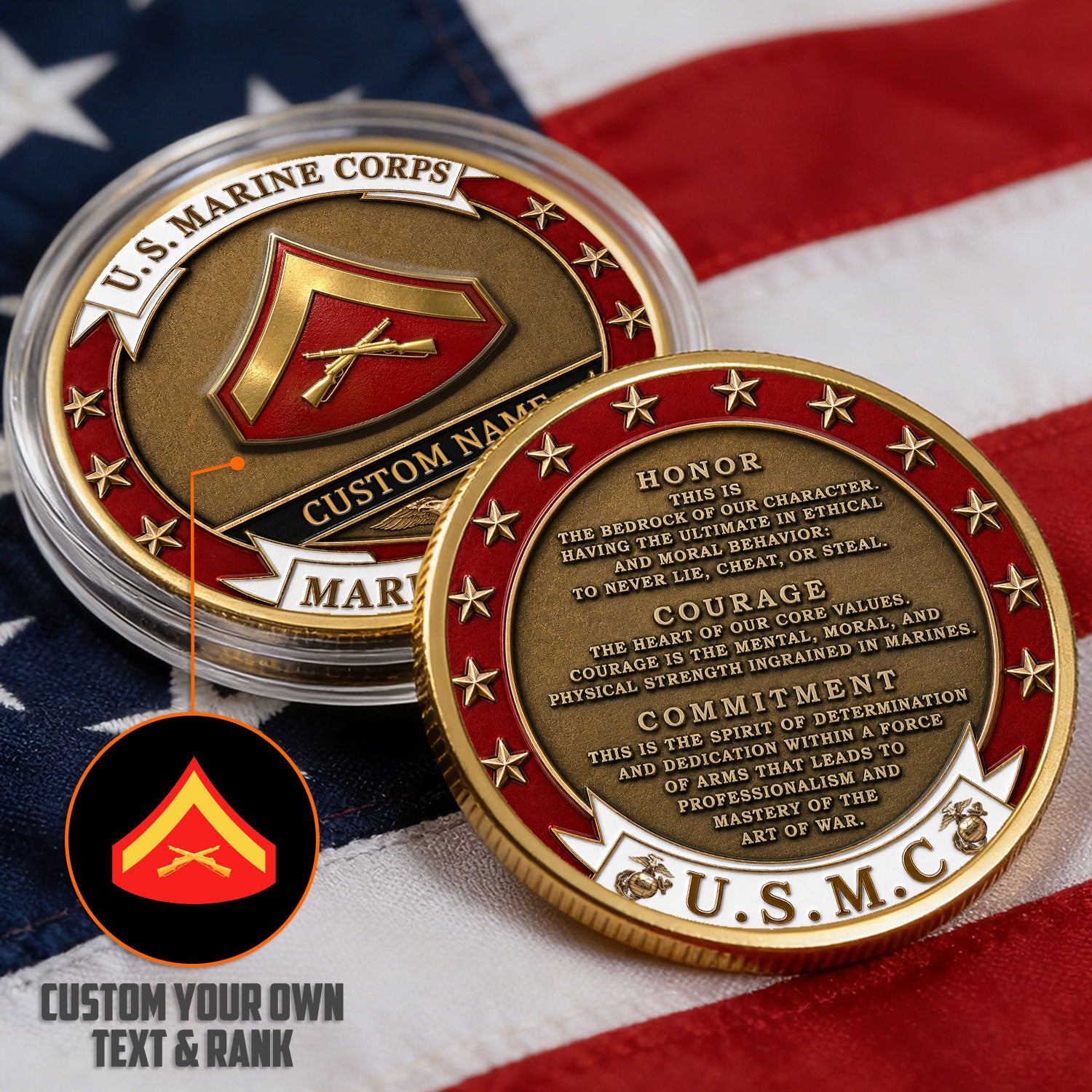 Custom Marine Corps Duty Rank Name 3D Challenge Coin