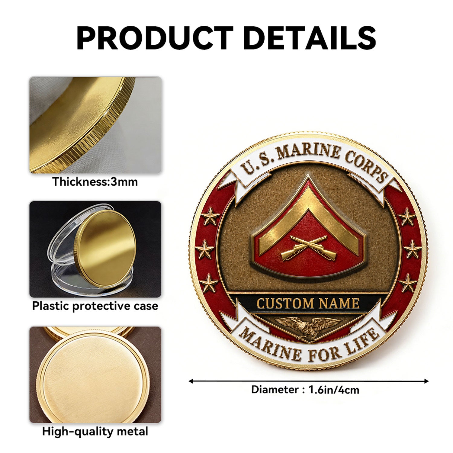Custom Marine Corps Duty Rank Name 3D Challenge Coin