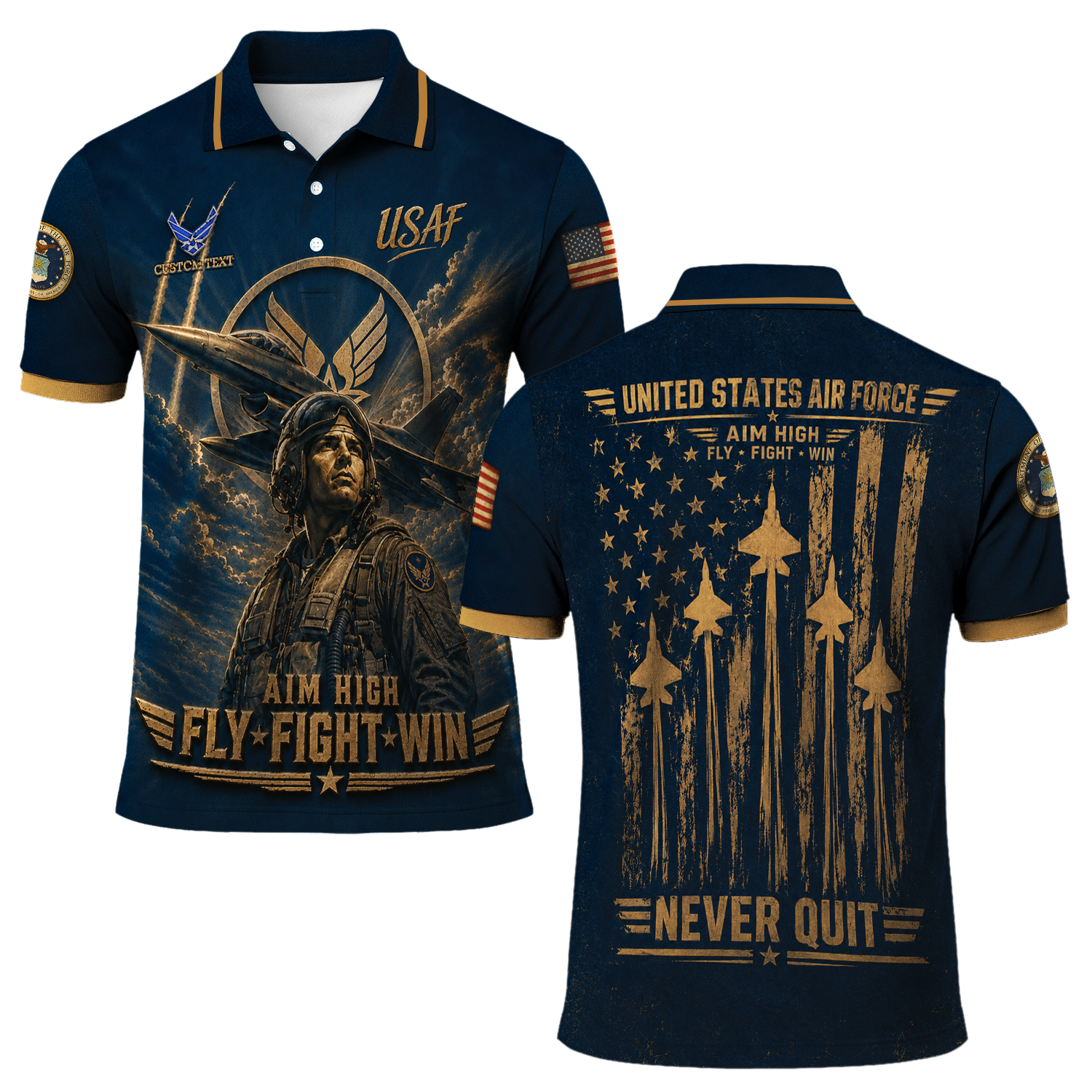 Personalized US Air Force Military Polo Shirt Custom Rank