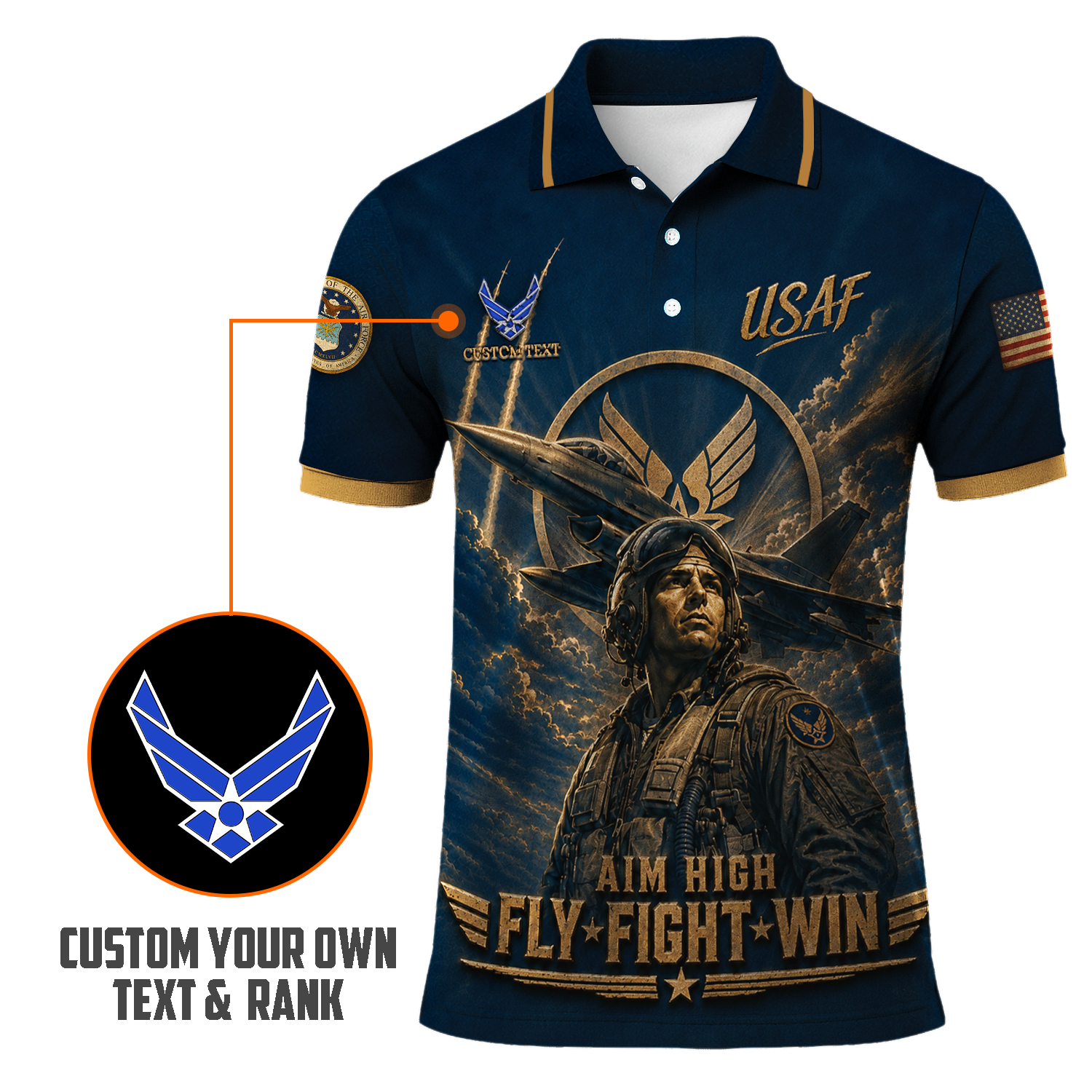 Personalized US Air Force Military Polo Shirt Custom Rank