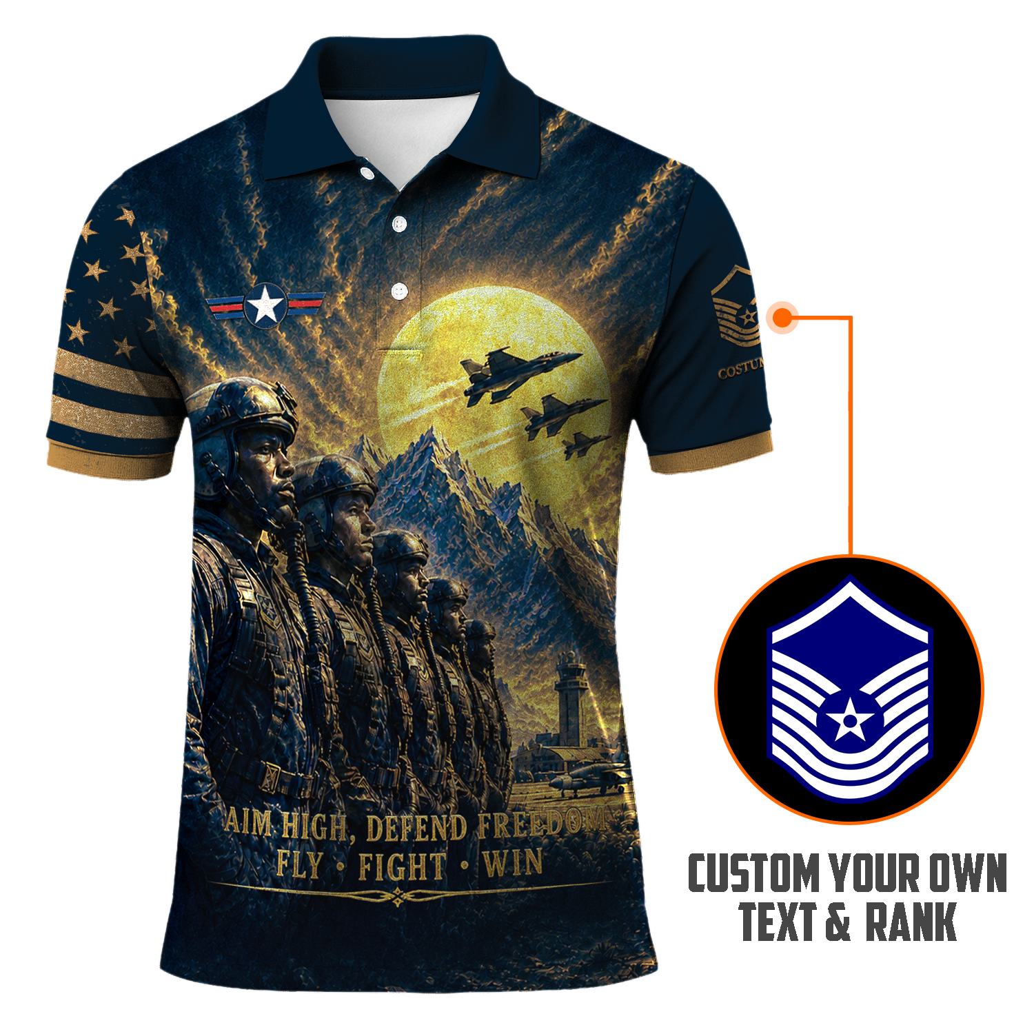 Custom USAF Aviation Rank Polo Shirt with Personalized Text