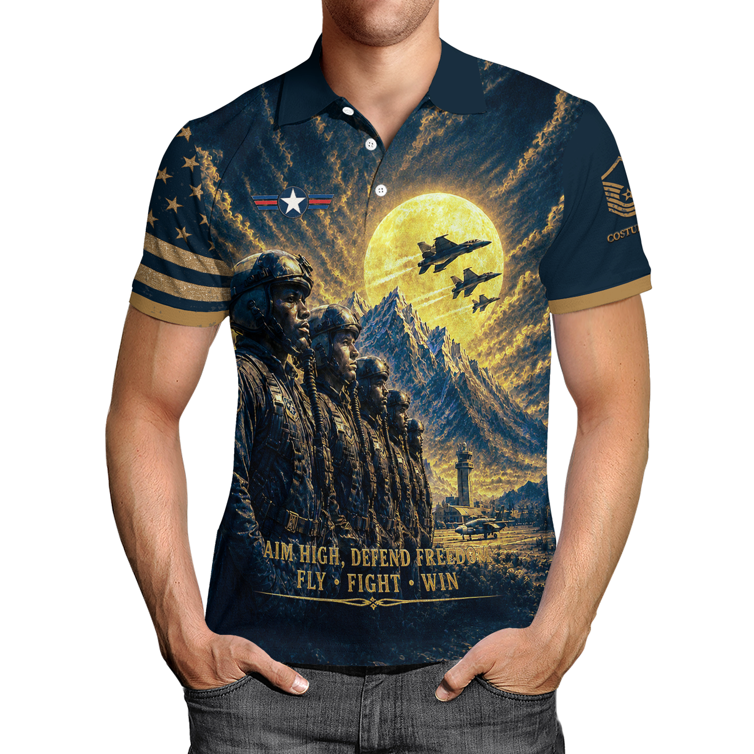 Custom USAF Aviation Rank Polo Shirt with Personalized Text