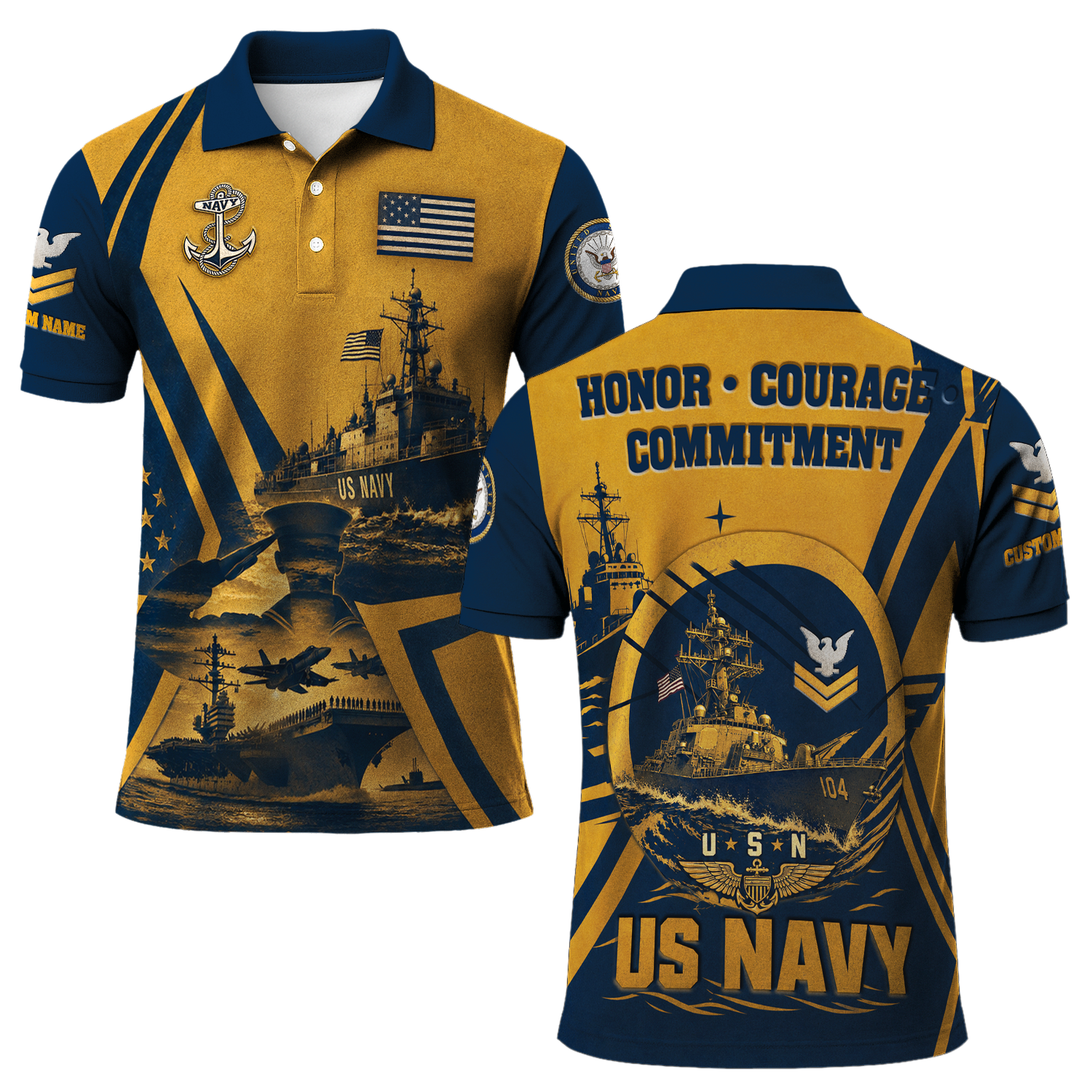 Custom US Navy Honor Courage Commitment 3D Polo Shirt