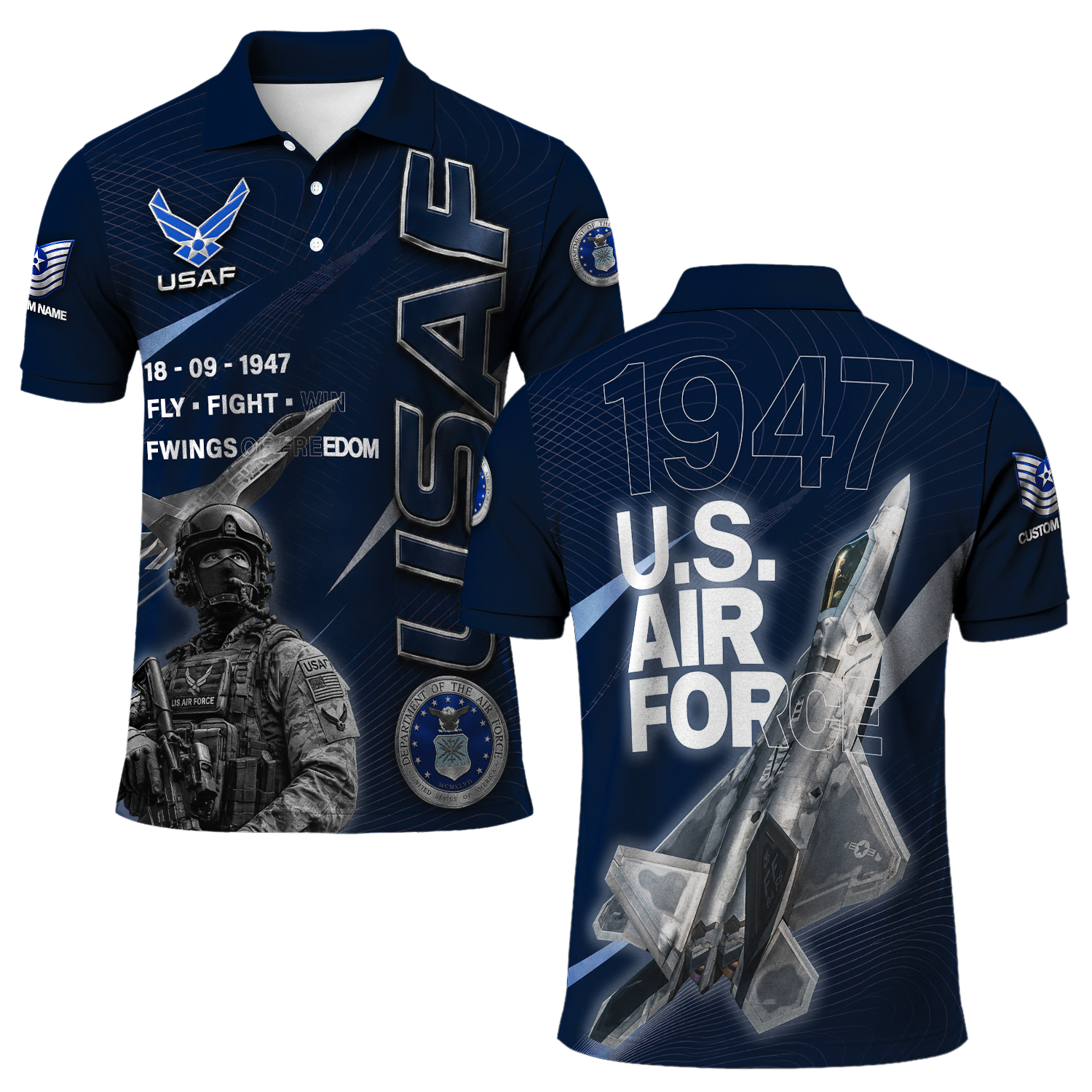 US Air Force Veteran Custom Name Rank Polo Shirt for Men