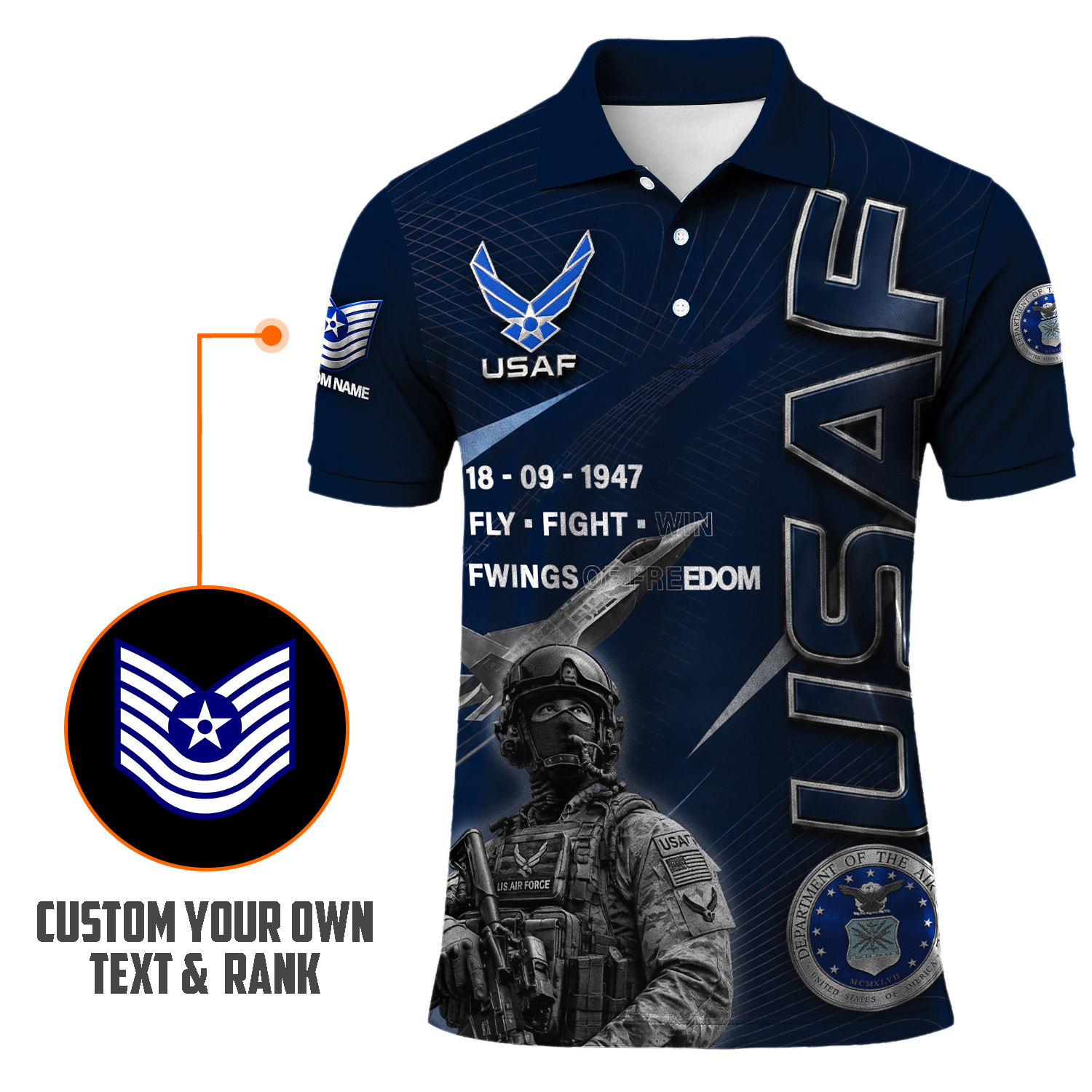 US Air Force Veteran Custom Name Rank Polo Shirt for Men