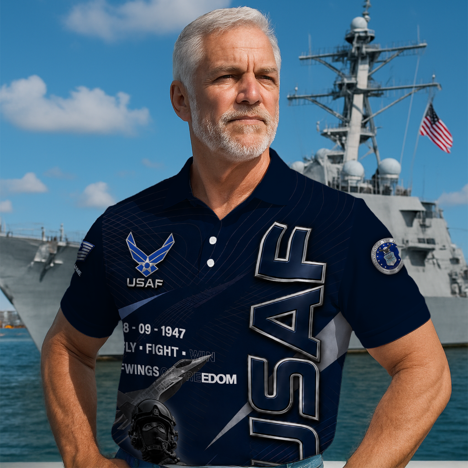 US Air Force Veteran Custom Name Rank Polo Shirt for Men