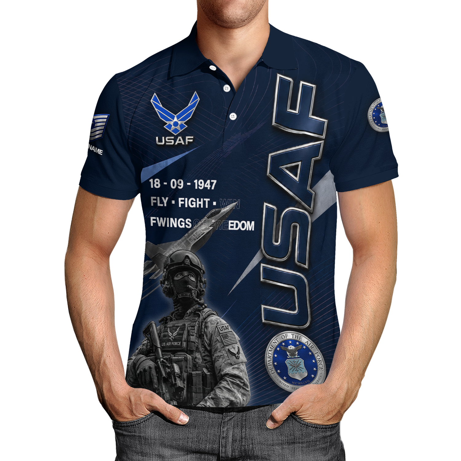 US Air Force Veteran Custom Name Rank Polo Shirt for Men