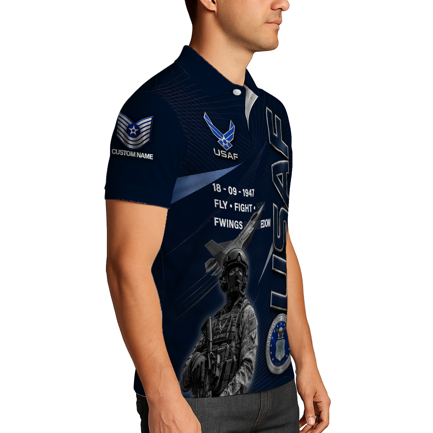 US Air Force Veteran Custom Name Rank Polo Shirt for Men