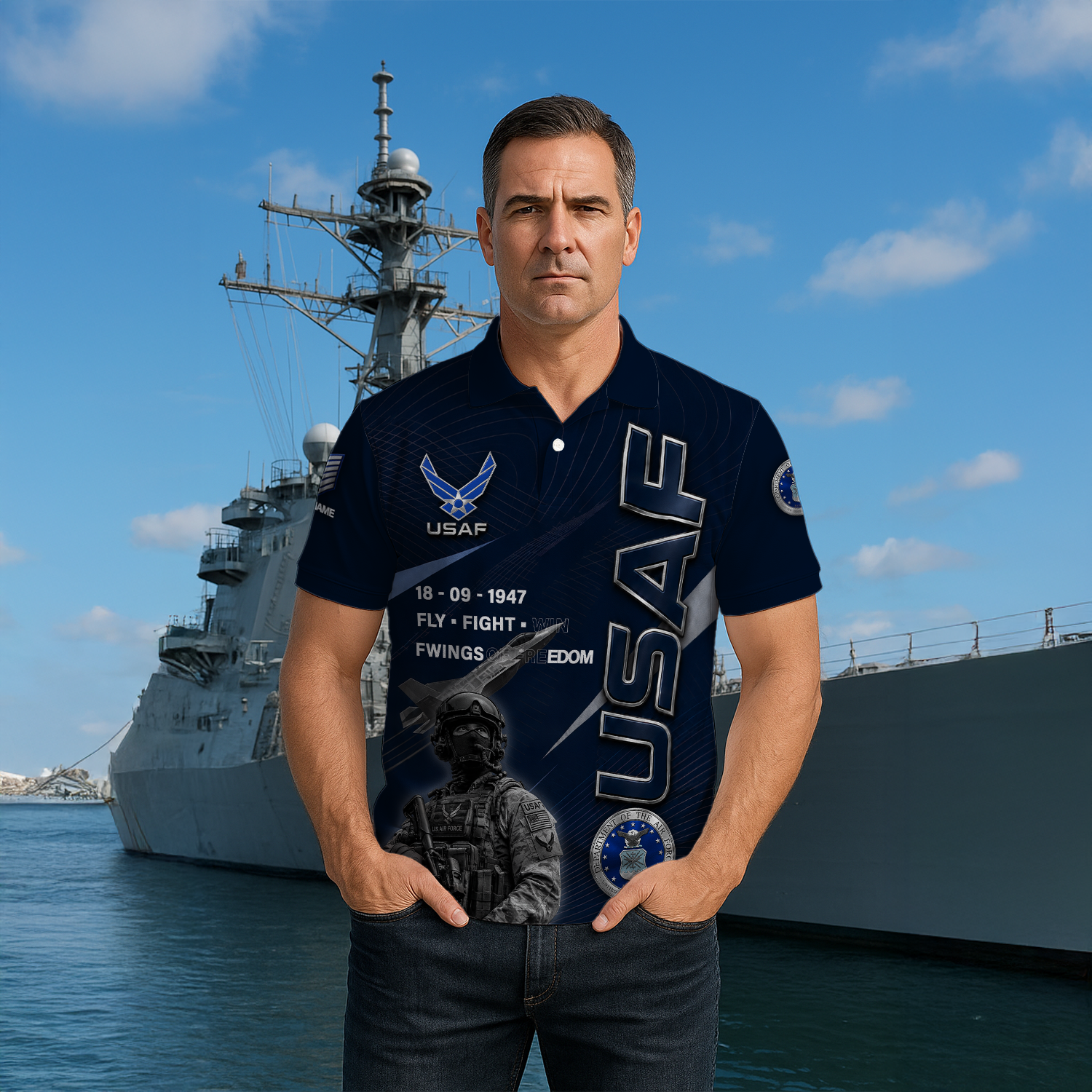 US Air Force Veteran Custom Name Rank Polo Shirt for Men