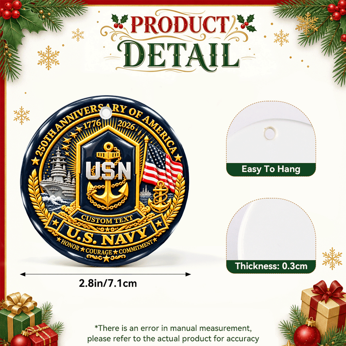 Personalized U.S. Navy 3D Relief Ceramic Ornament Custom Rank and Text