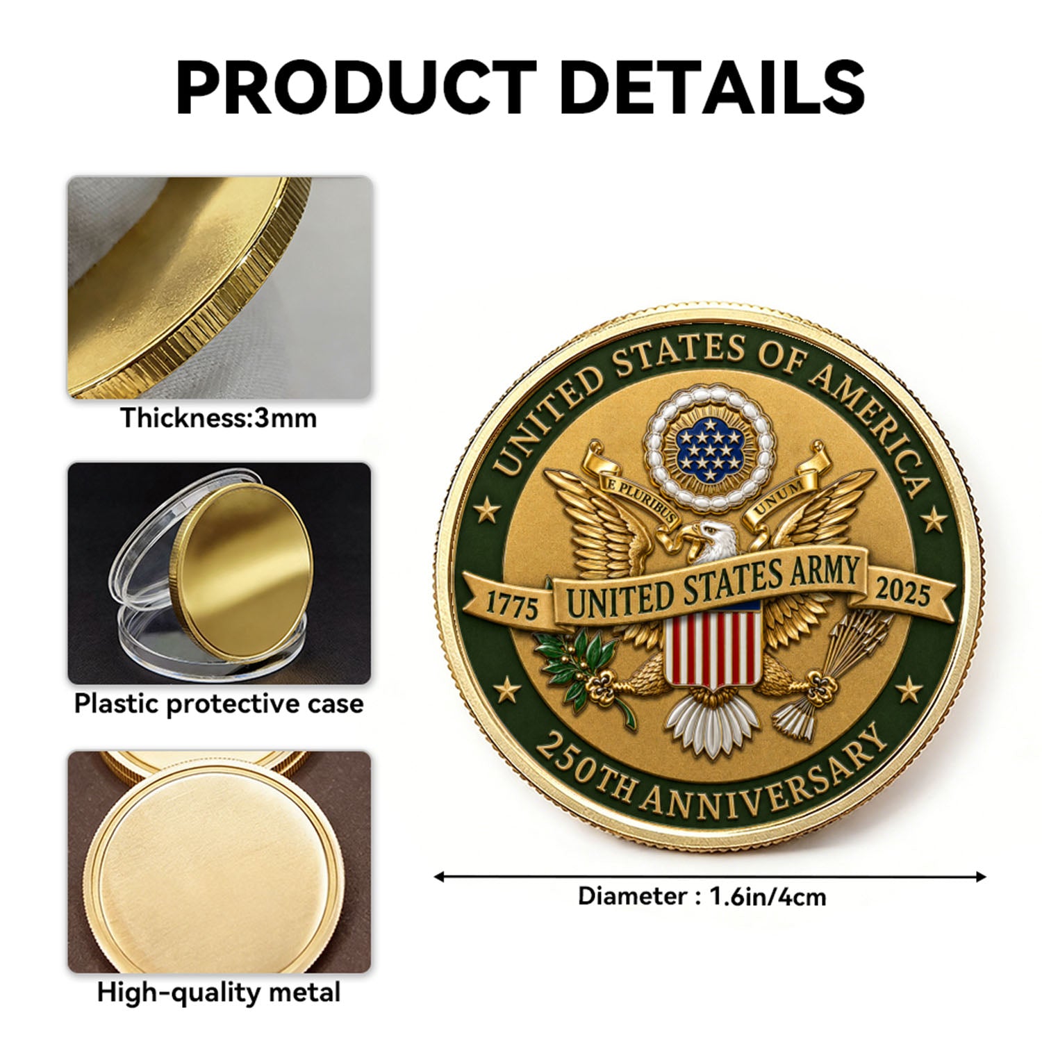 USA 250 Army Custom Name Rank 3D Challenge Coin Veteran Gift