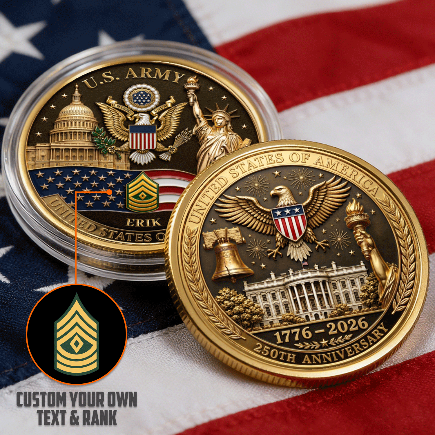 US Army 250th Anniversary Custom Rank 3D Challenge Coin Gift