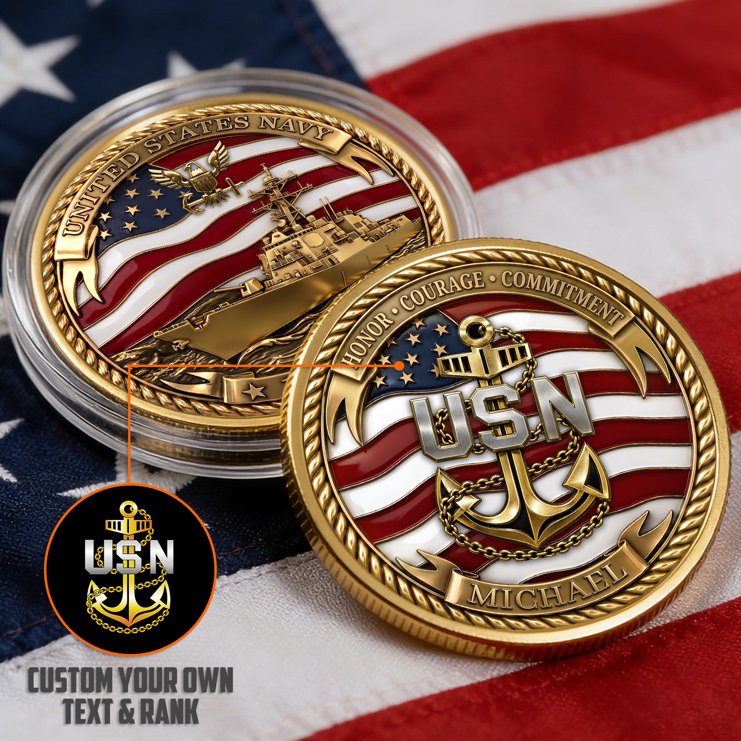Navy Service Member Personalized Rank 3D Challenge Coin Gift