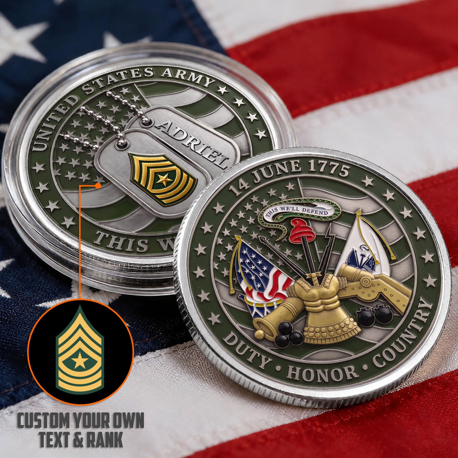 Custom US Army Career Rank 3D Challenge Coin Keepsake