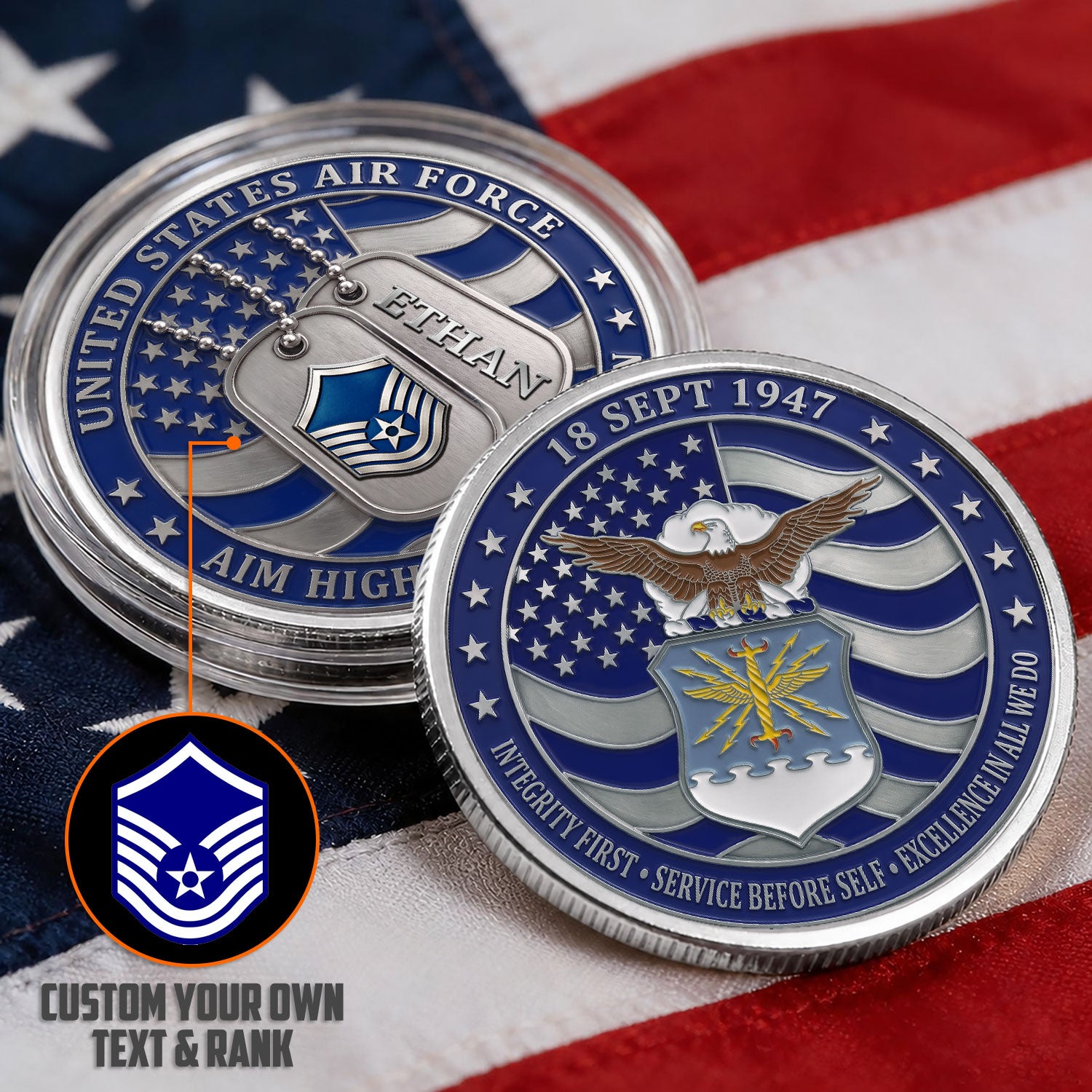 USAF Service Member Rank Text 3D Challenge Coin Keepsake