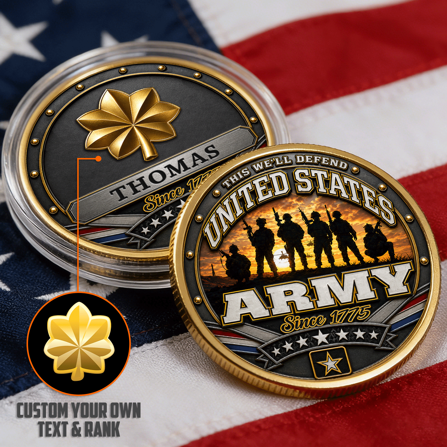 US Army Personalized Rank Text 3D Challenge Coin Veteran Gift