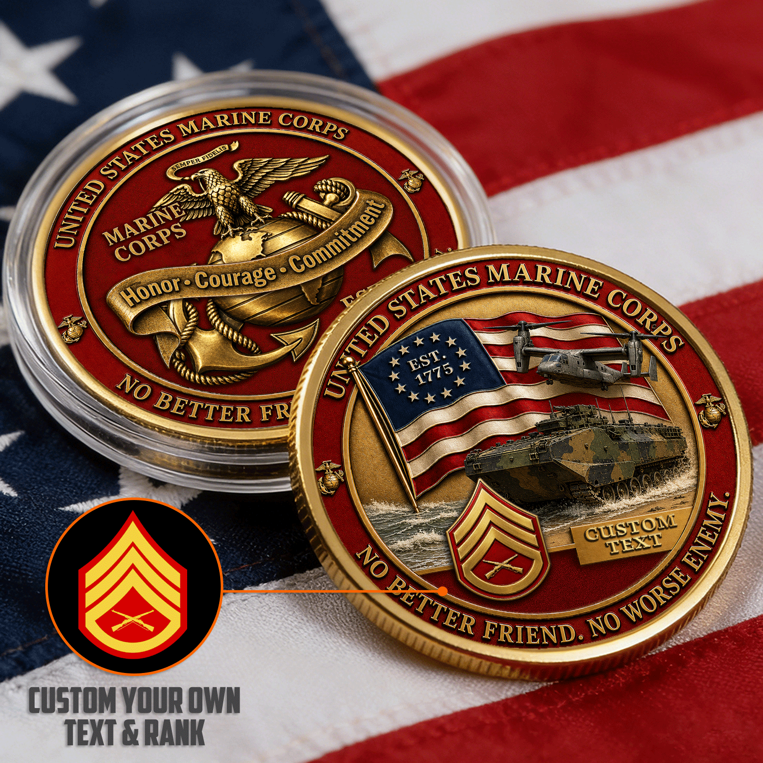 USMC Custom Rank and Name 3D Challenge Coin Veteran Keepsake