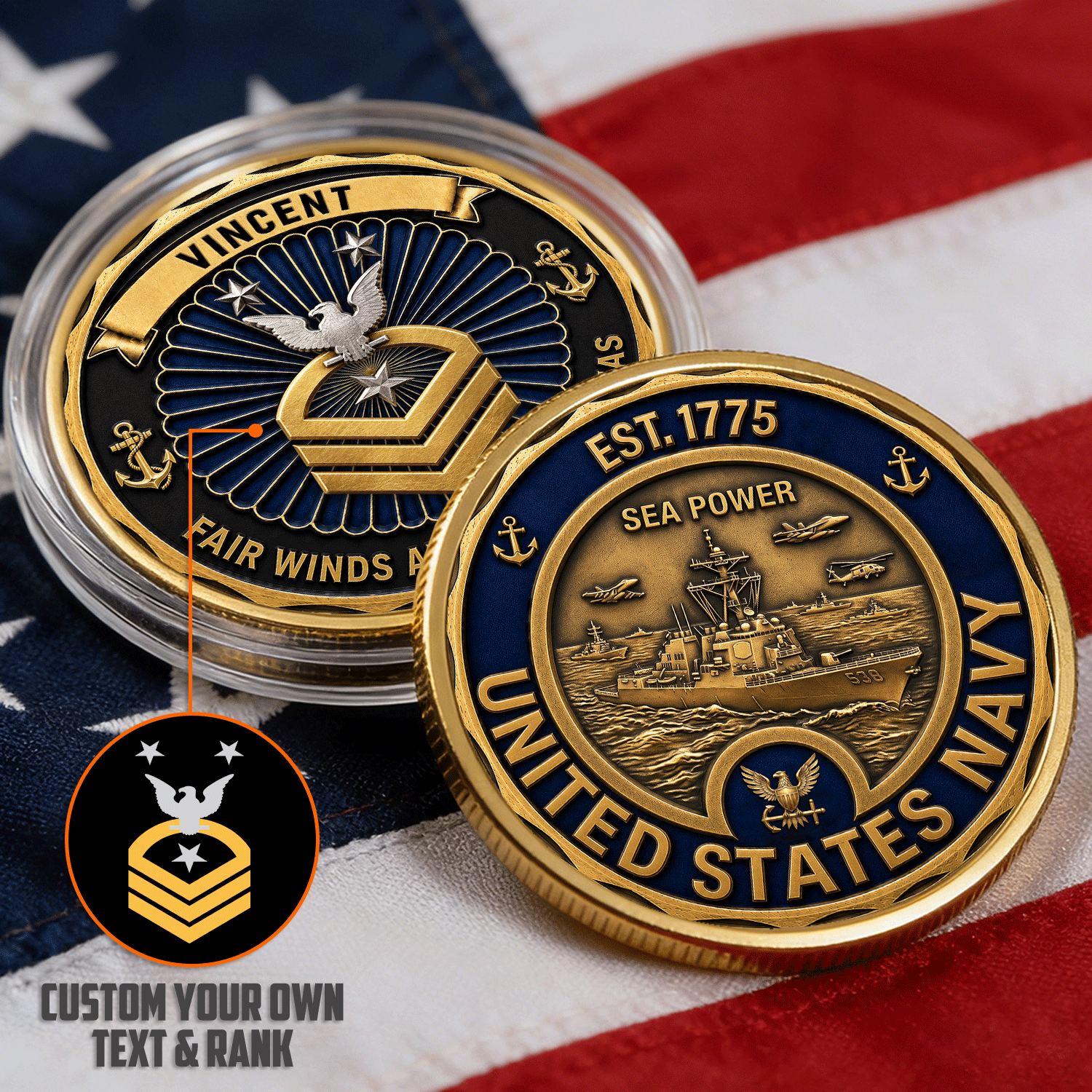 Custom US Navy Military Rank Name 3D Challenge Coin Tribute