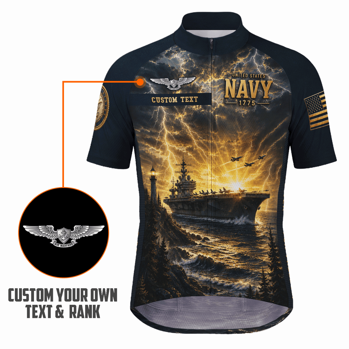 Custom Navy Cycling Jersey Personalized Veteran Name Rank Cycling Shirt