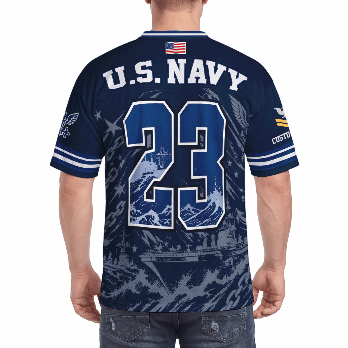 Custom Navy Sports Jersey Personalized Rank Text and Jersey Number