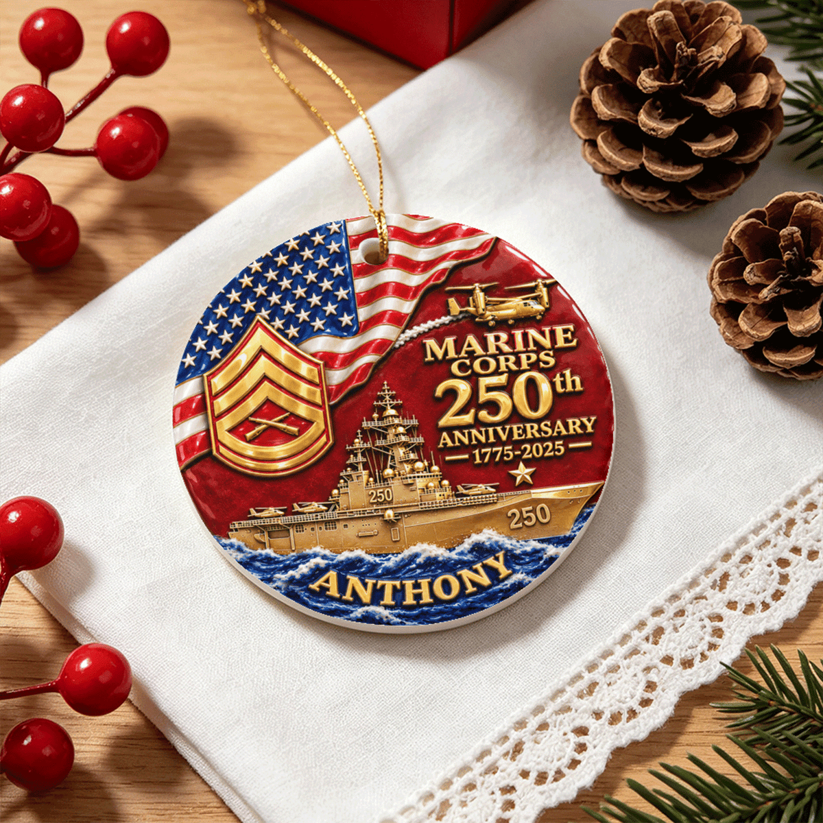 Personalized Marine Corps Military Ceramic Ornament Custom Rank and Text