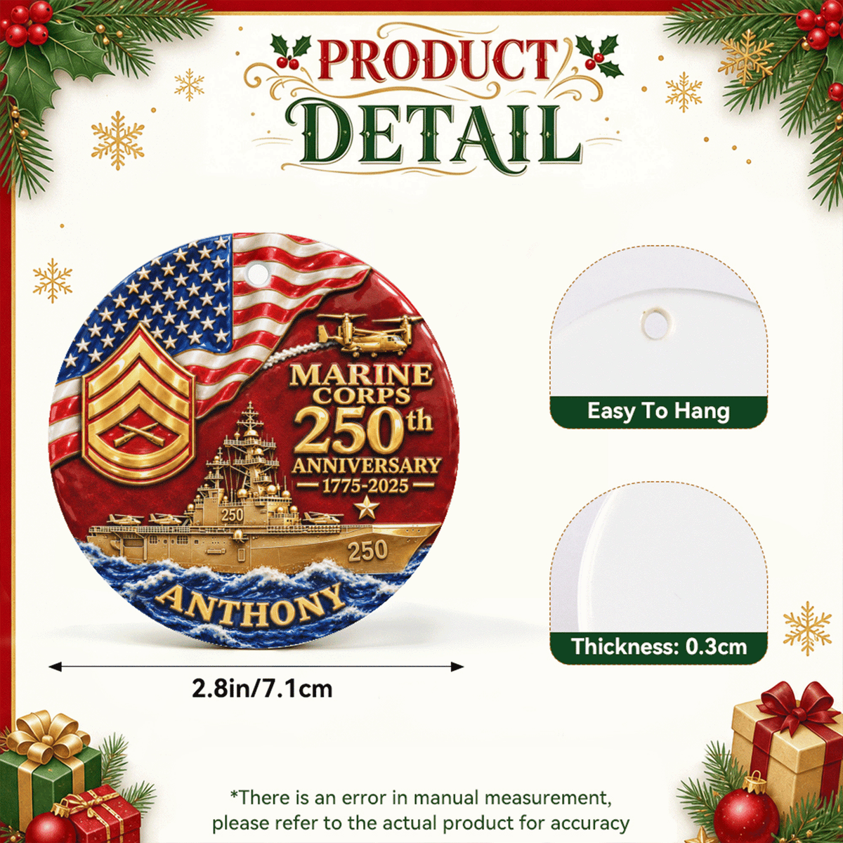Personalized Marine Corps Military Ceramic Ornament Custom Rank and Text