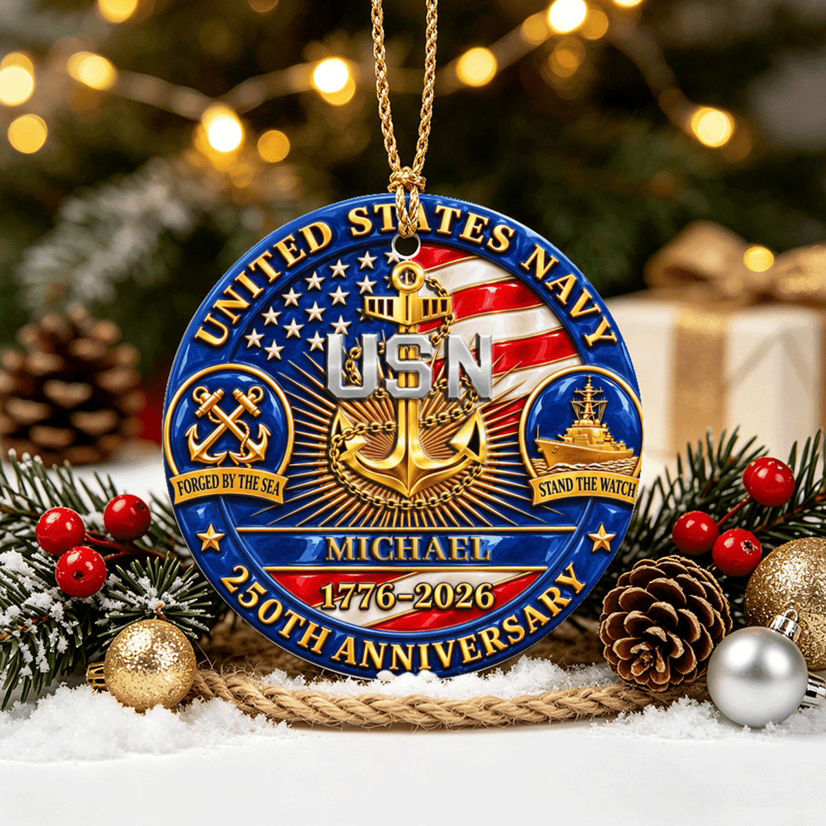 Custom Navy Veteran Ceramic Ornament Personalized Rank and Text
