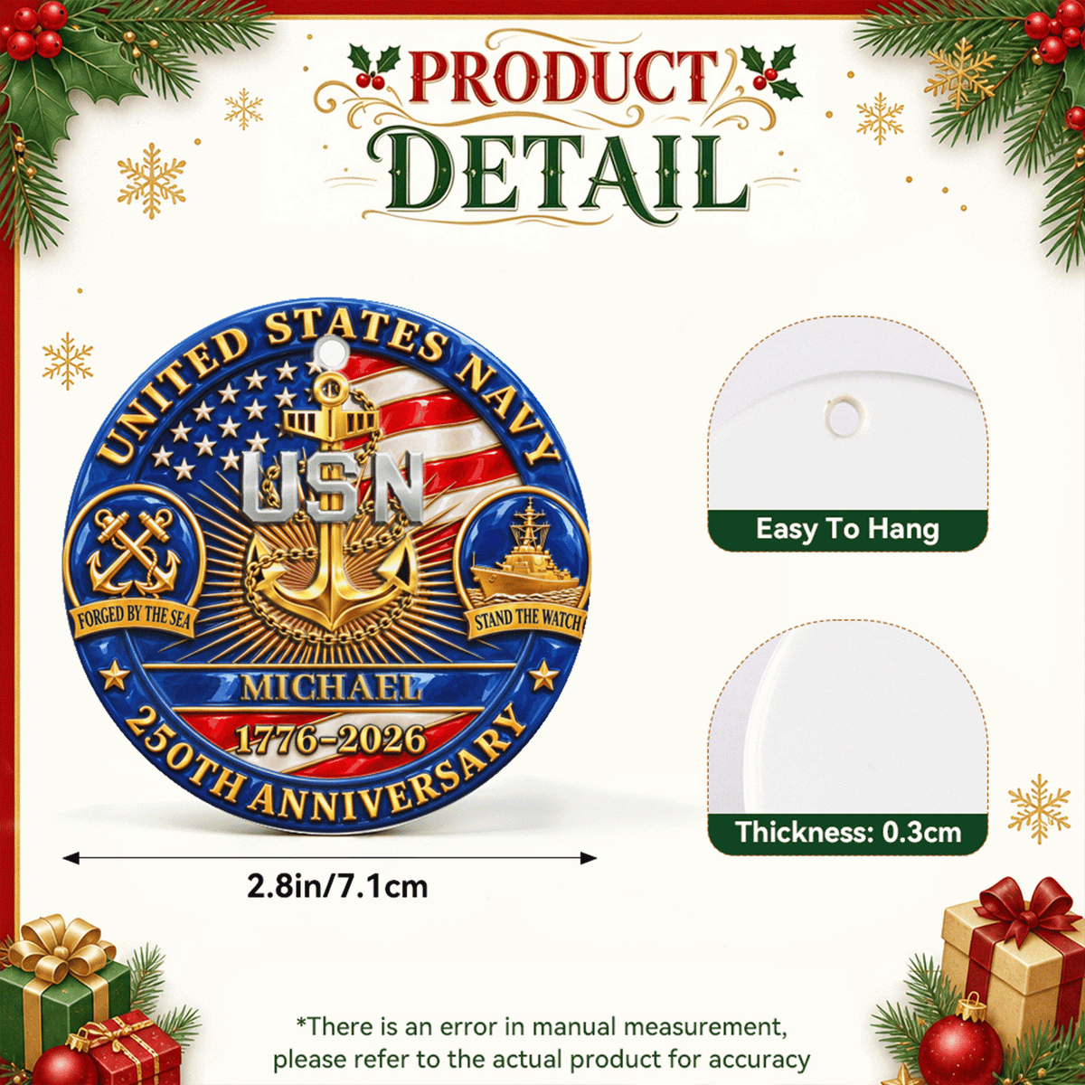 U.S. Marine Corps Ceramic Ornament Personalized Rank Text Veteran Gift