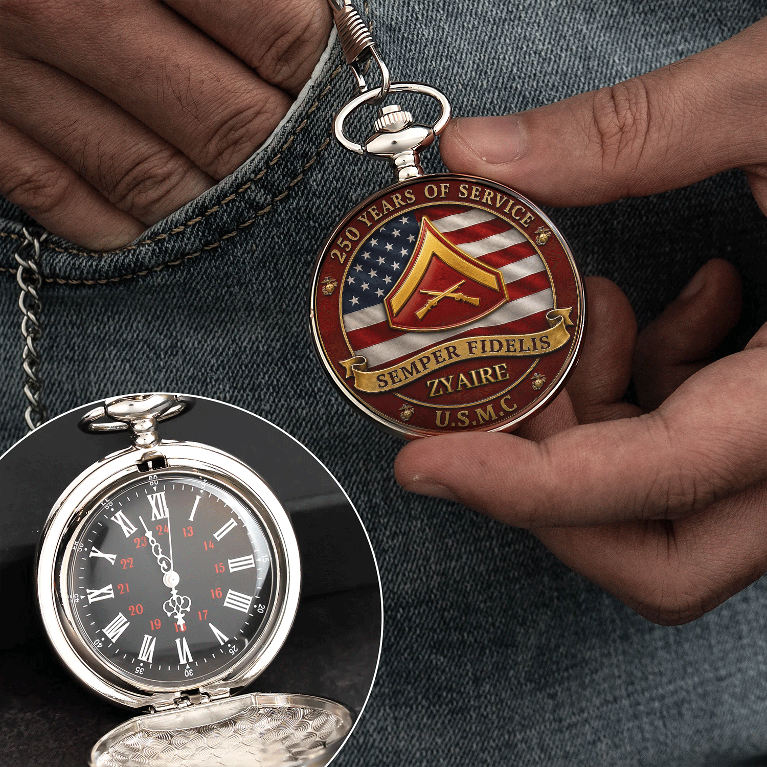 Custom USMC Pocket Watch Promotion Gift for Marines