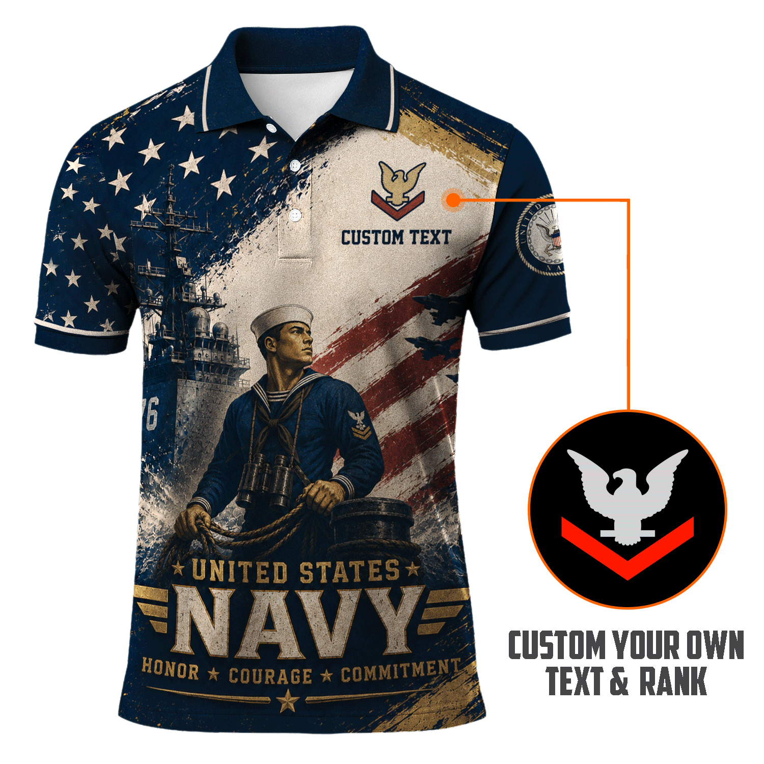 US Navy Personalized Military Rank All Over Print Polo Shirt