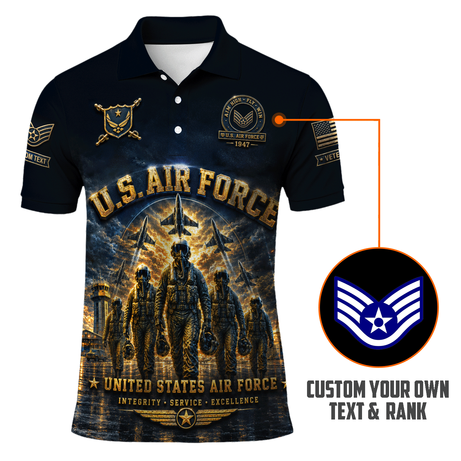 US Air Force Personalized Military Rank All Over Print Polo Shirt