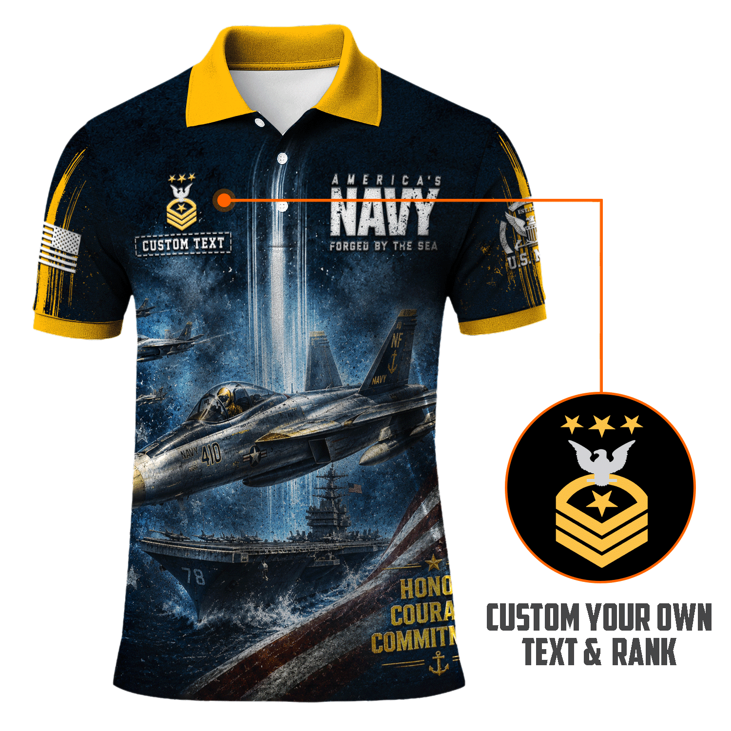 Custom US Navy Name Rank 3D Polo Shirt for Veterans