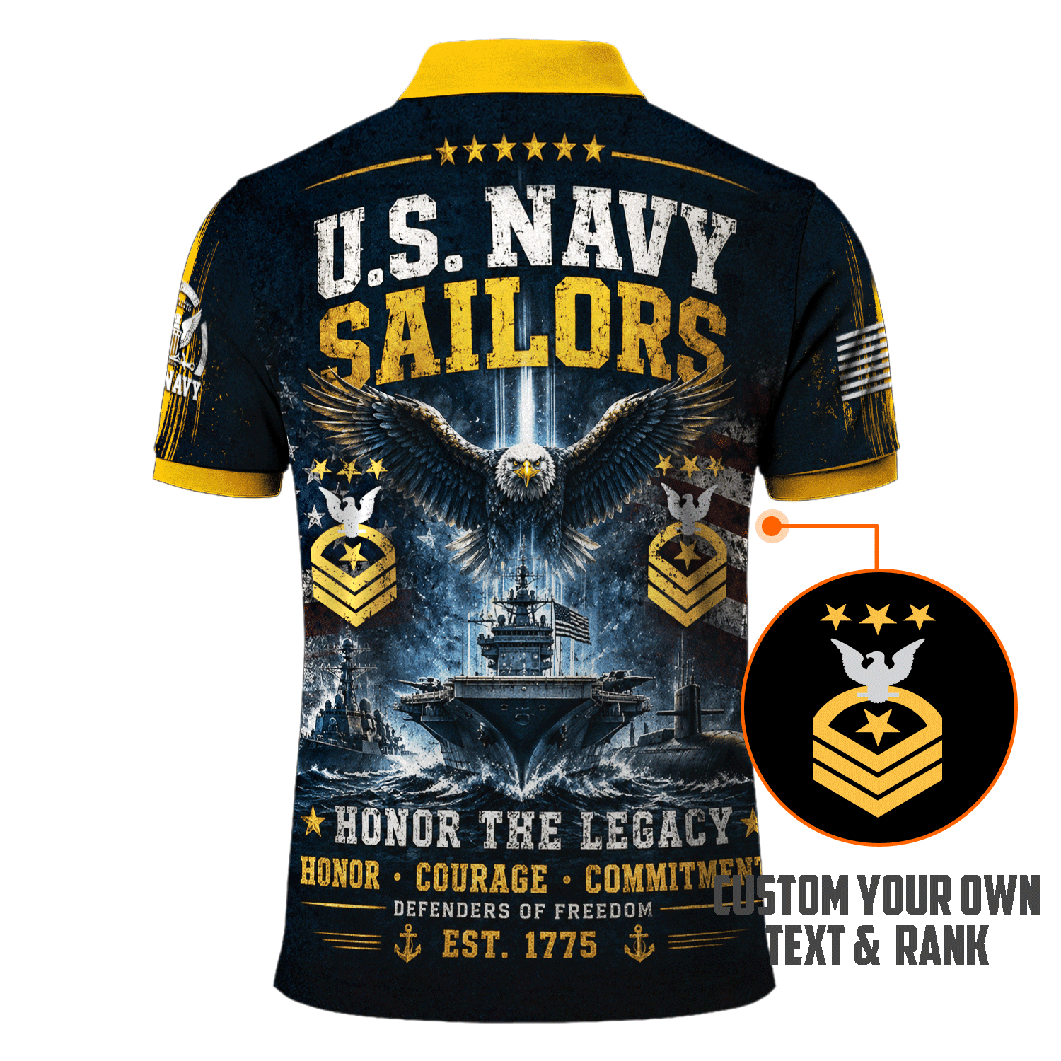 Custom US Navy Name Rank 3D Polo Shirt for Veterans