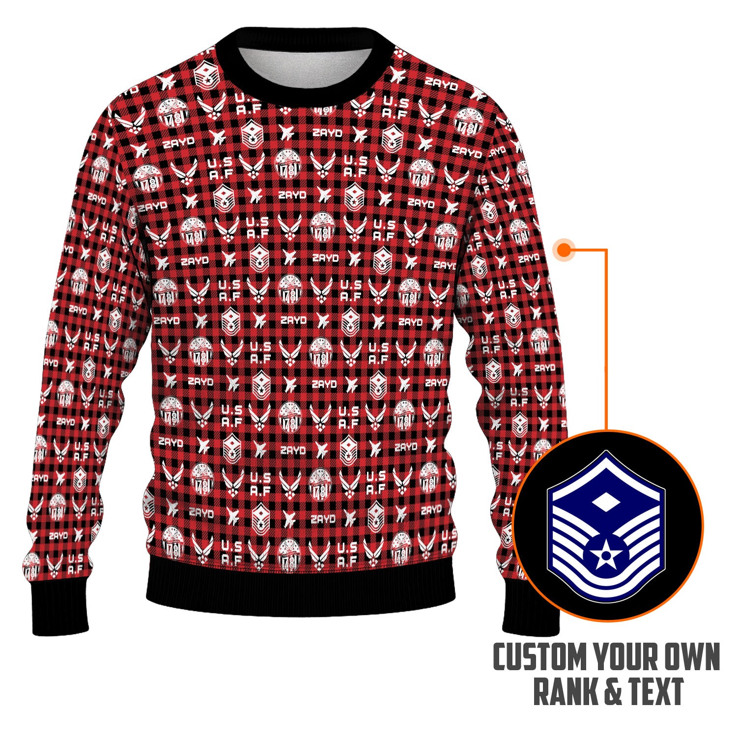 Custom Ranks And Text US Air Force Ugly Christmas Sweater for Women Men KAUST04