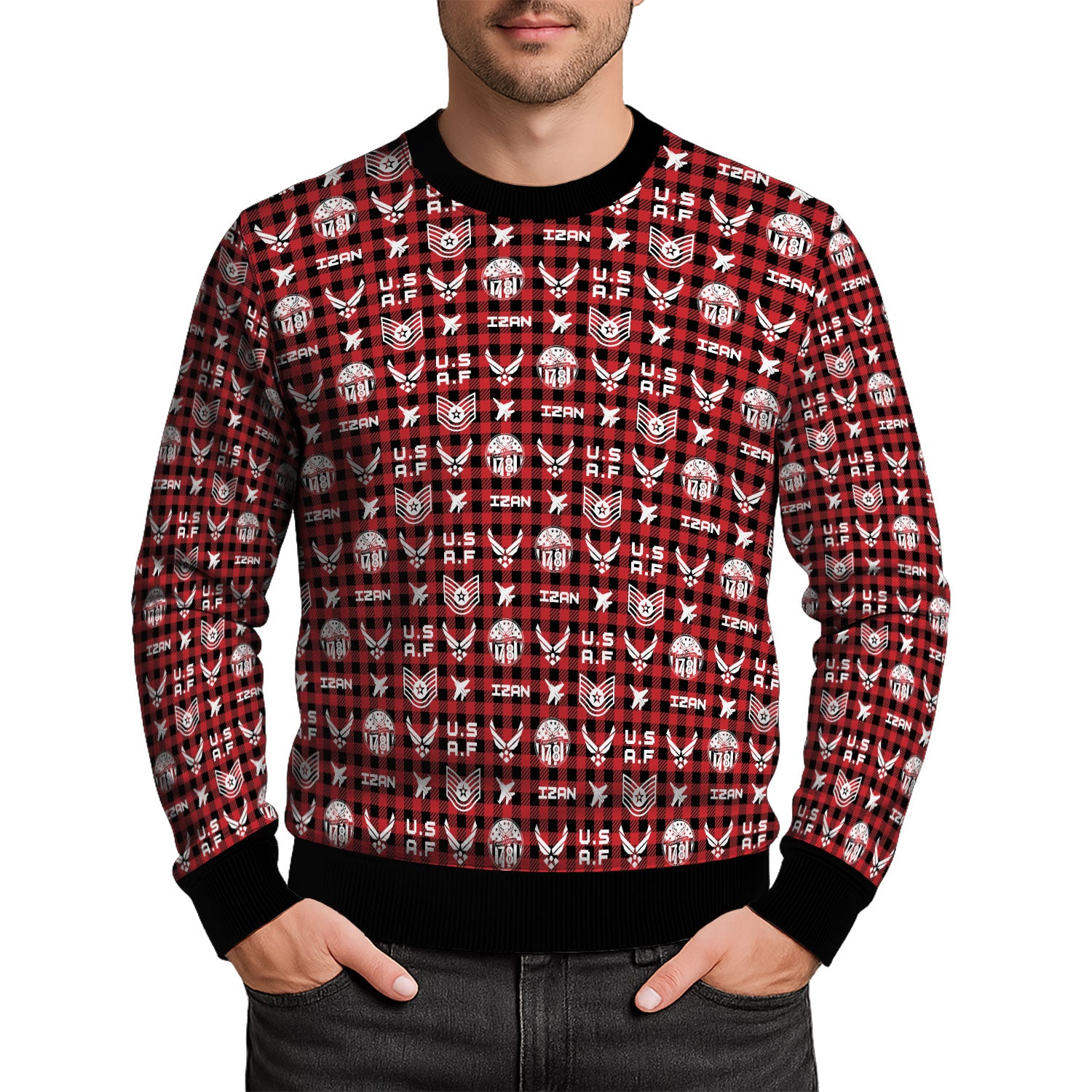Custom Ranks And Text US Air Force Ugly Christmas Sweater for Women Men KAUST04