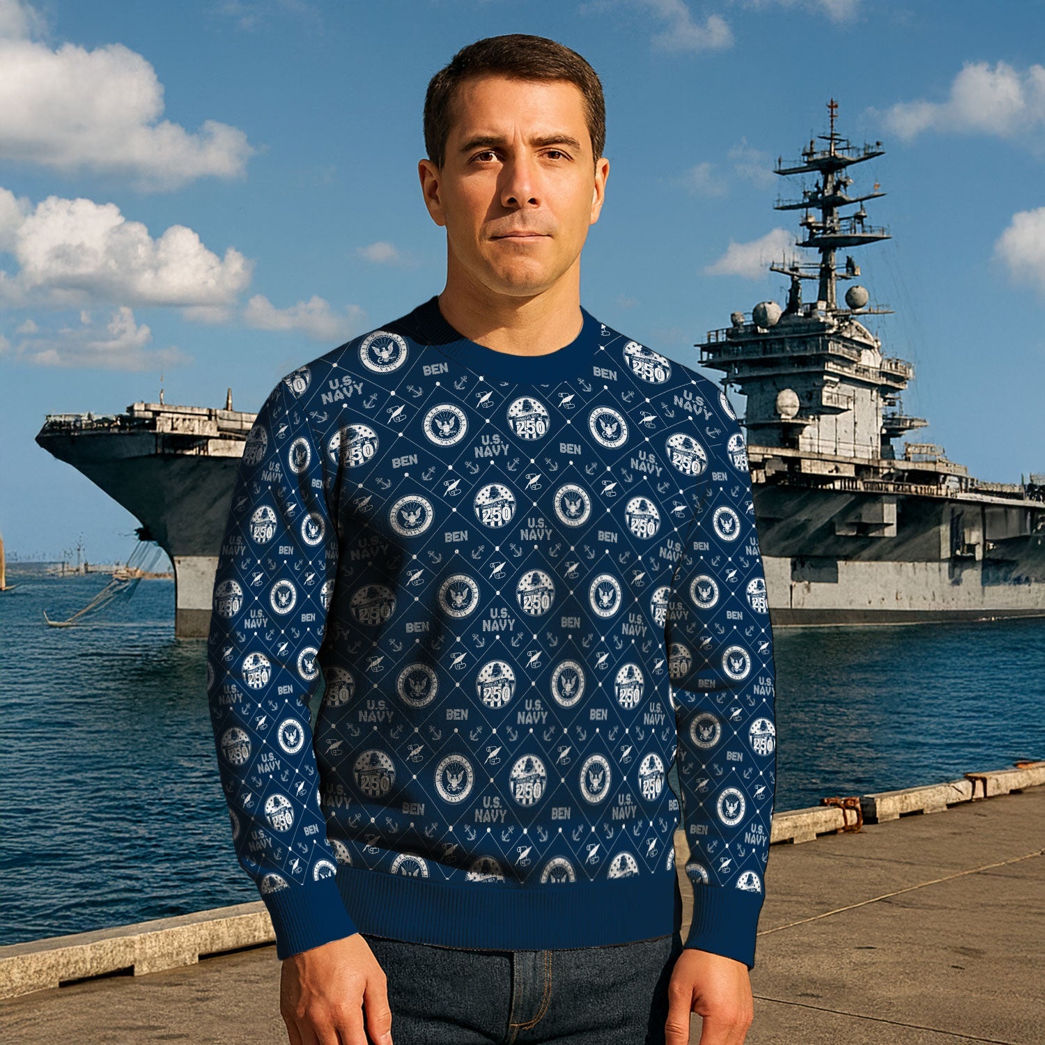 Personalized US Navy Christmas Ugly Sweater KAUST09