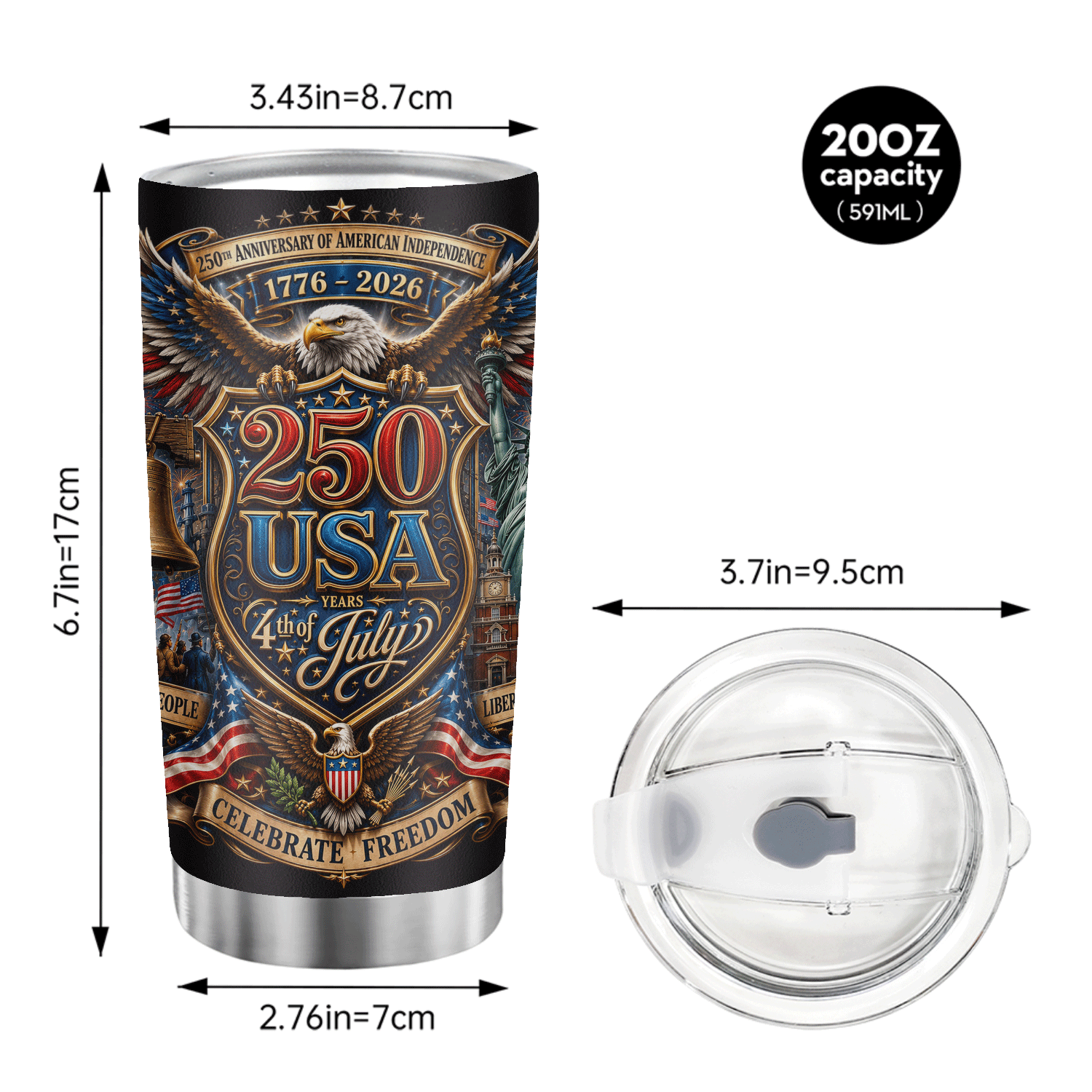 USA 250 Years 4th of July Freedom 20oz Stainless Tumbler