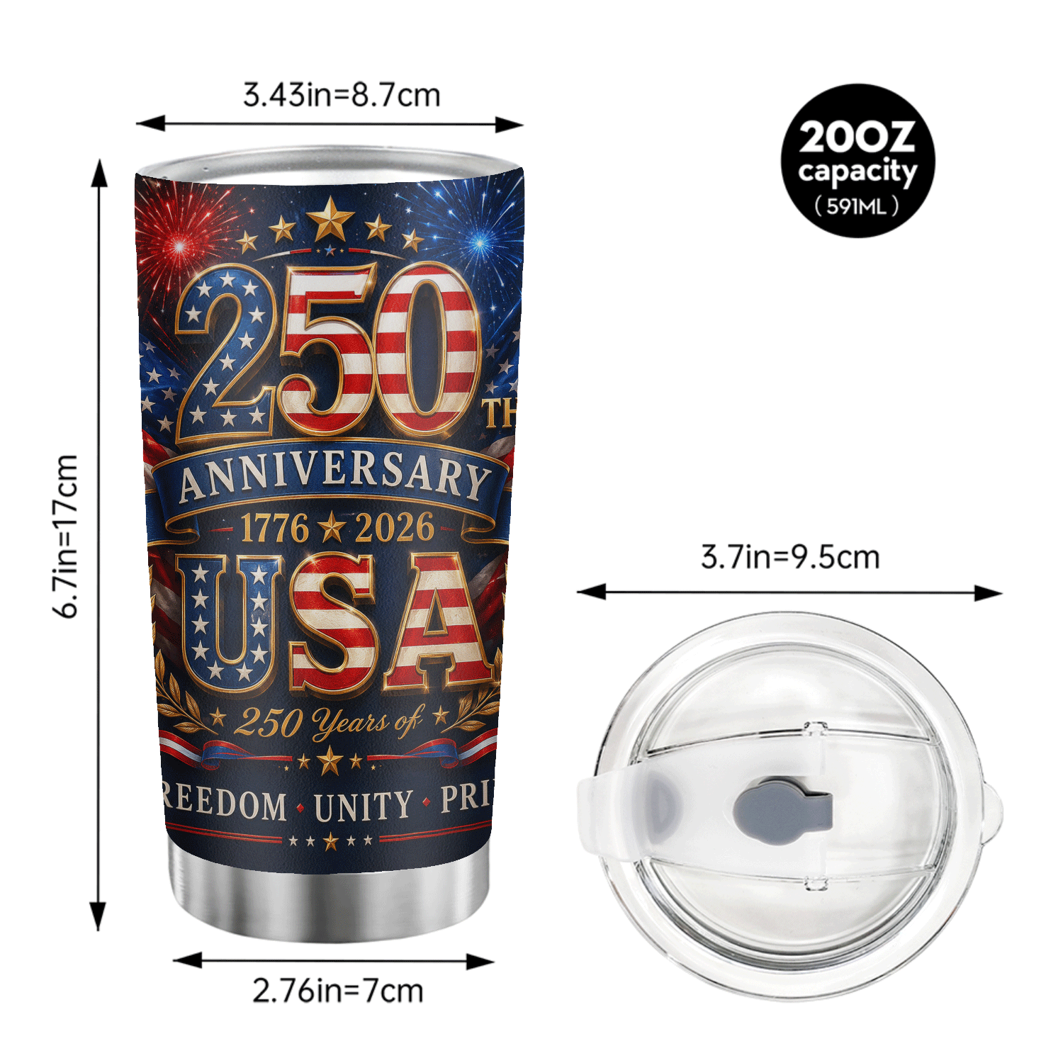 USA 250th Anniversary Freedom Unity Pride 20oz Tumbler