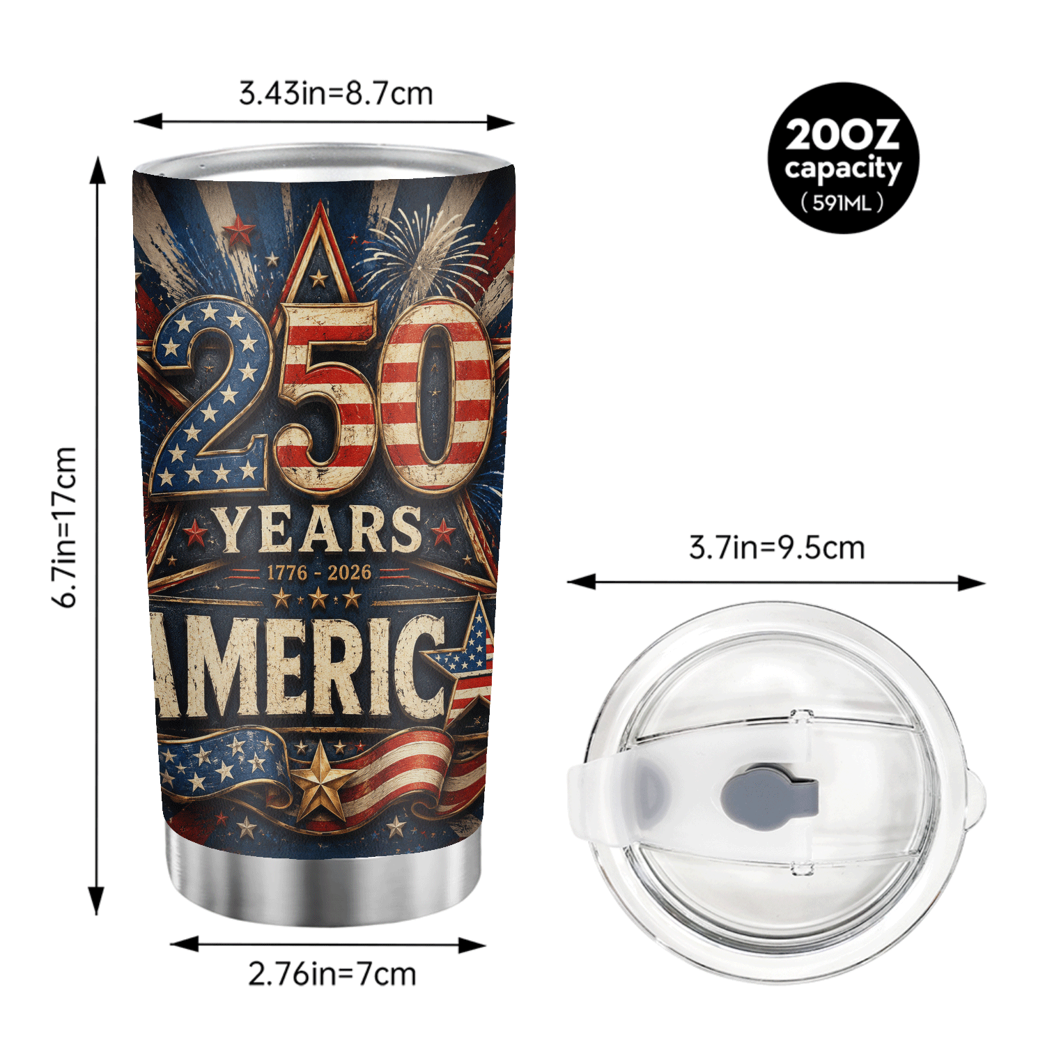 America 250 Years 1776-2026 Patriotic 20oz Tumbler