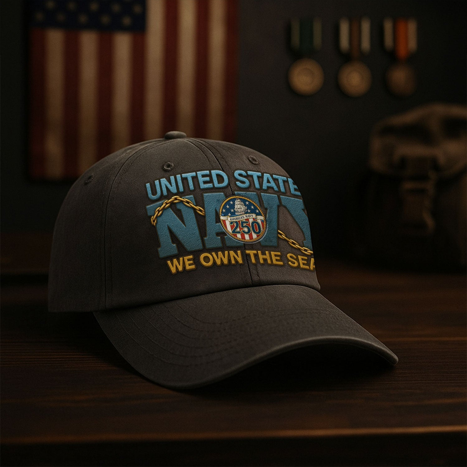 US Navy We Own The Seas US Navy Premium Washed Denim Cap