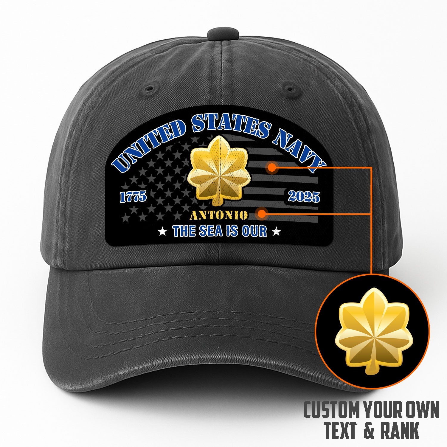 Custom Ranks & Text US Navy Premium Washed Denim Cap DC002