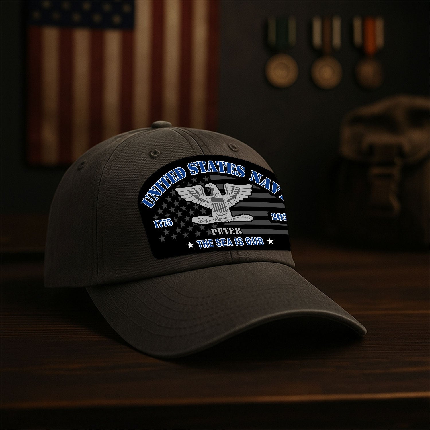 Custom Ranks & Text US Navy Premium Washed Denim Cap DC002