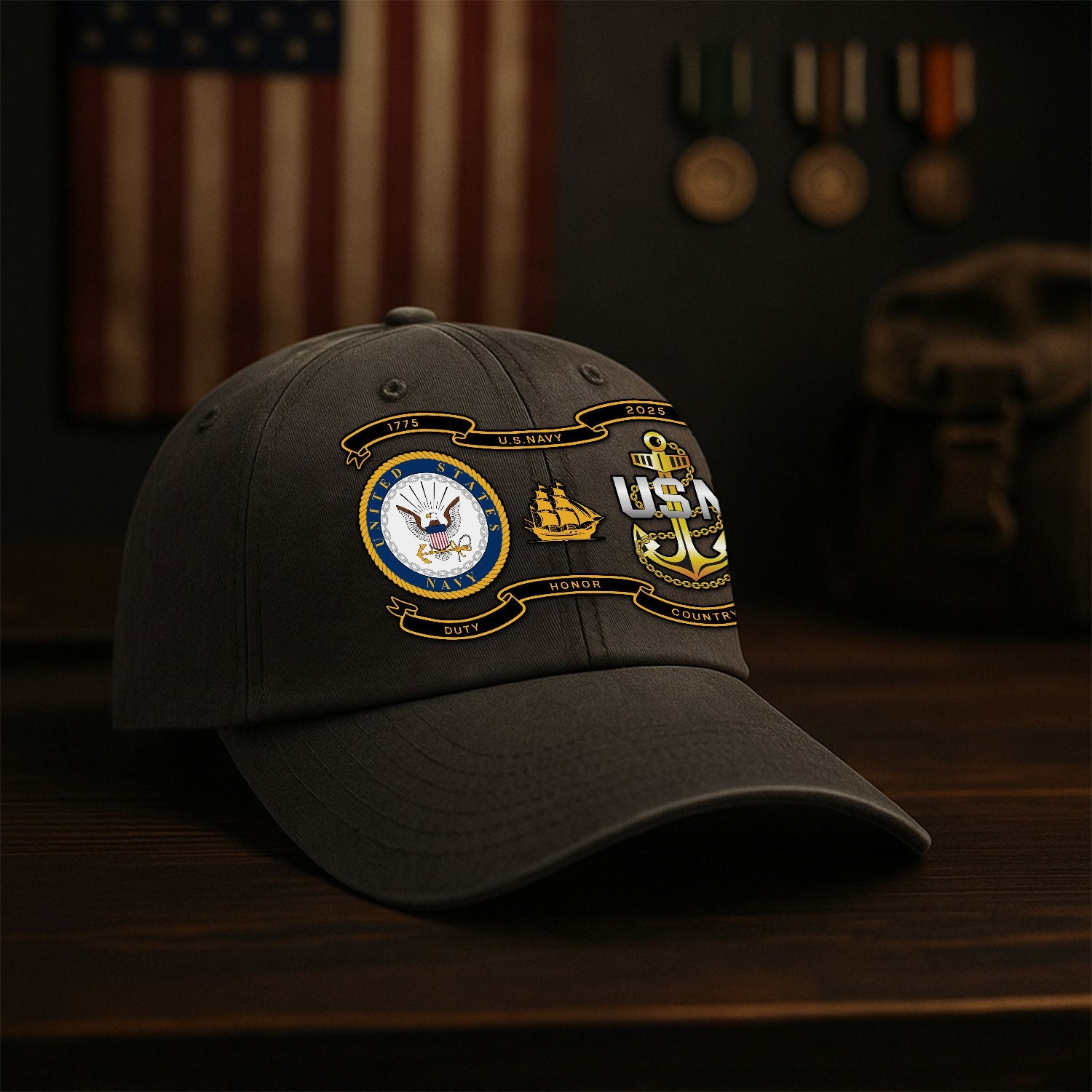 Custom Ranks US Navy Premium Washed Denim Cap DC005