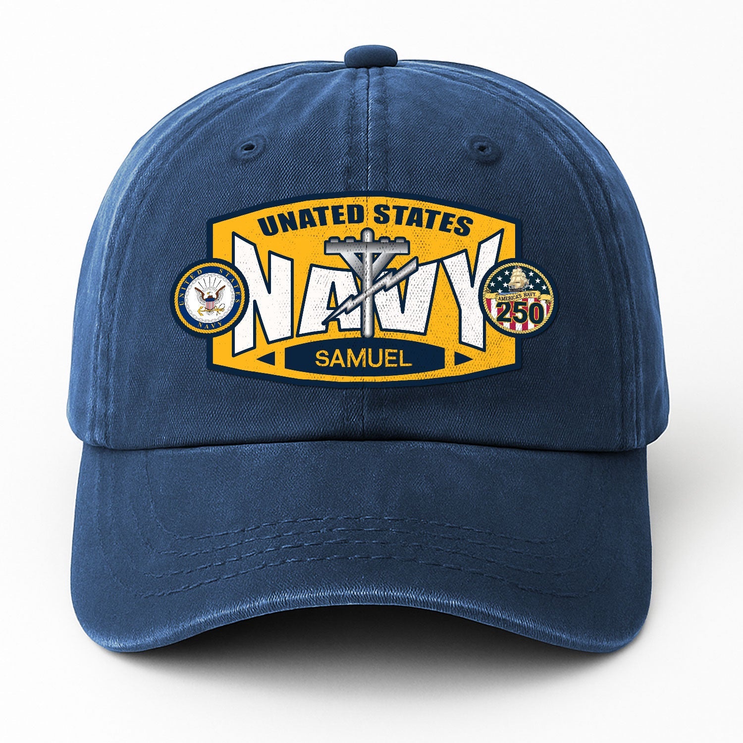 Custom Ranks & Text US Navy Premium Washed Denim Cap DC006