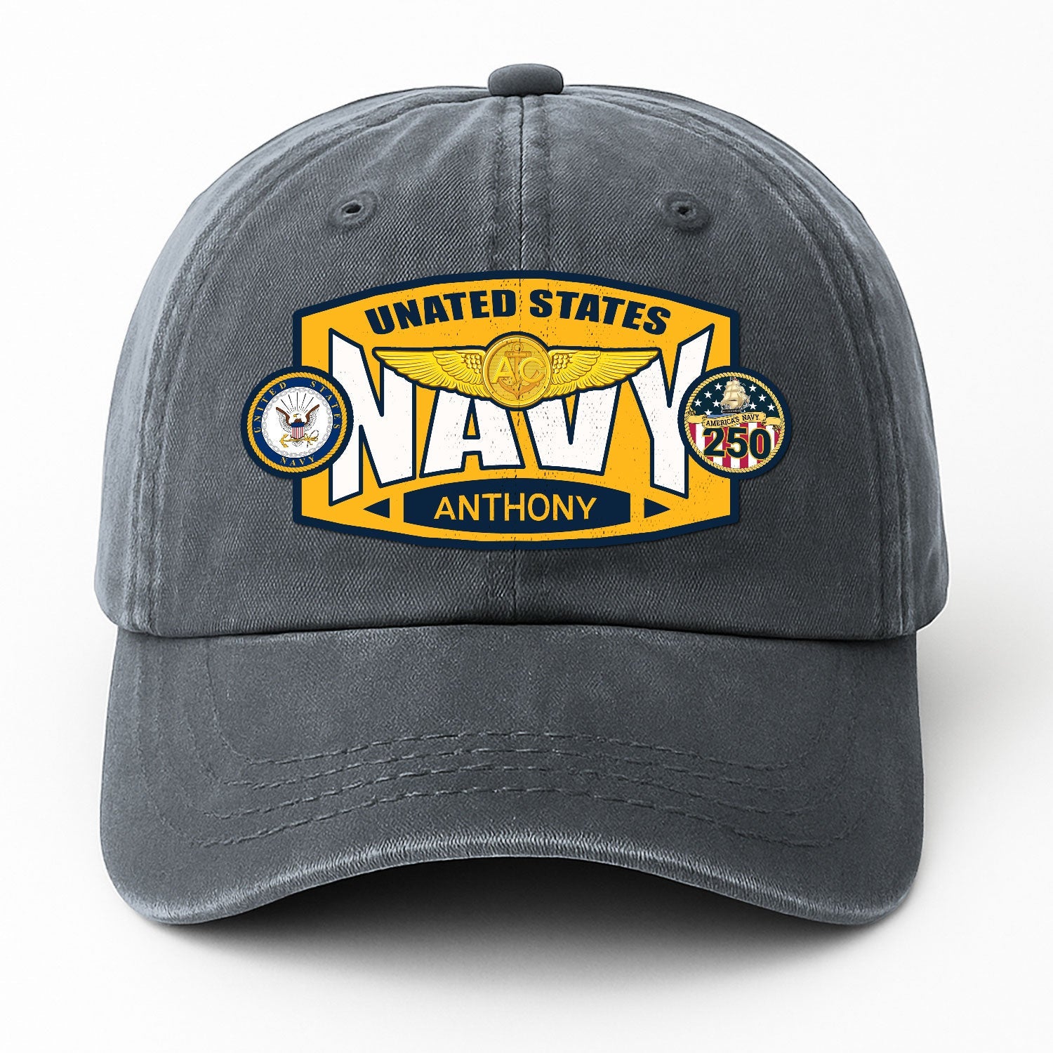 Custom Ranks & Text US Navy Premium Washed Denim Cap DC006