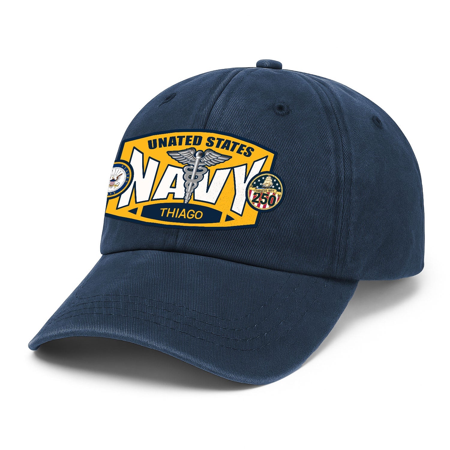 Custom Ranks & Text US Navy Premium Washed Denim Cap DC006