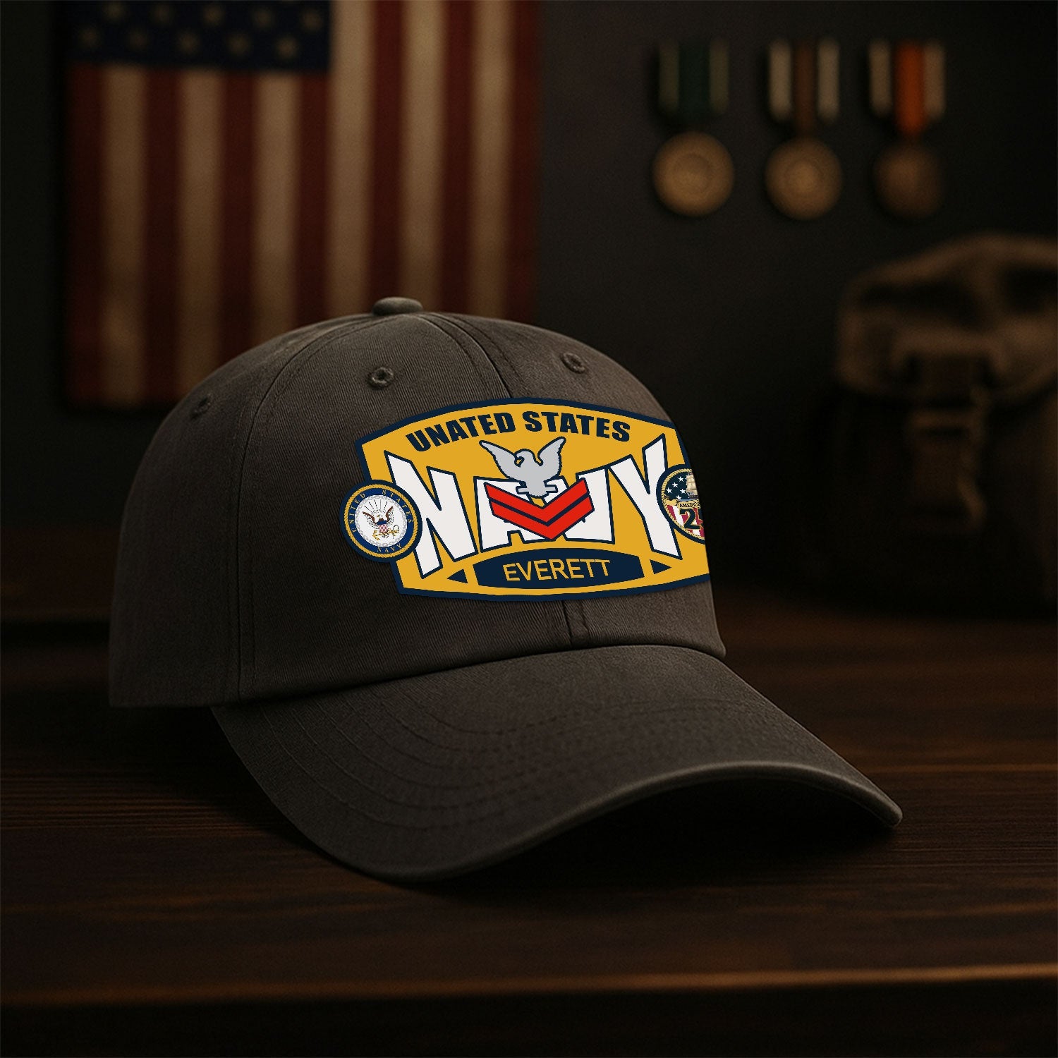 Custom Ranks & Text US Navy Premium Washed Denim Cap DC006