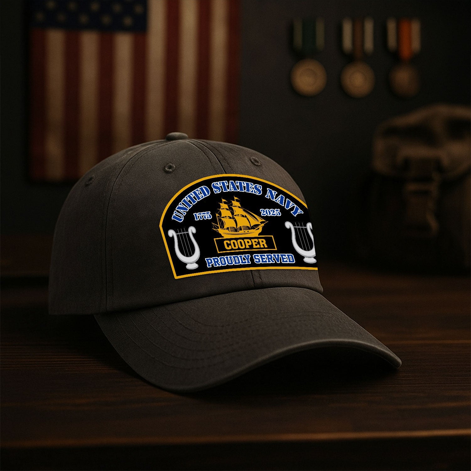 Custom Ranks & Text US Navy Premium Washed Denim Cap DC007