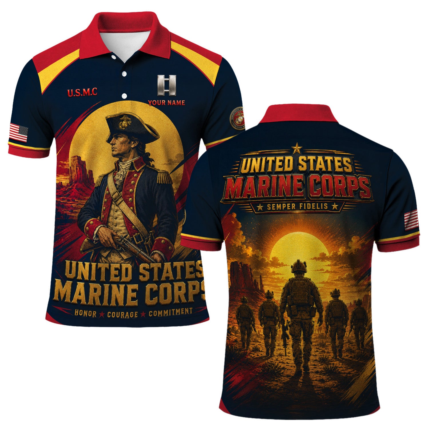 Custom USMC Veteran 3D Polo Shirt with Name and Rank