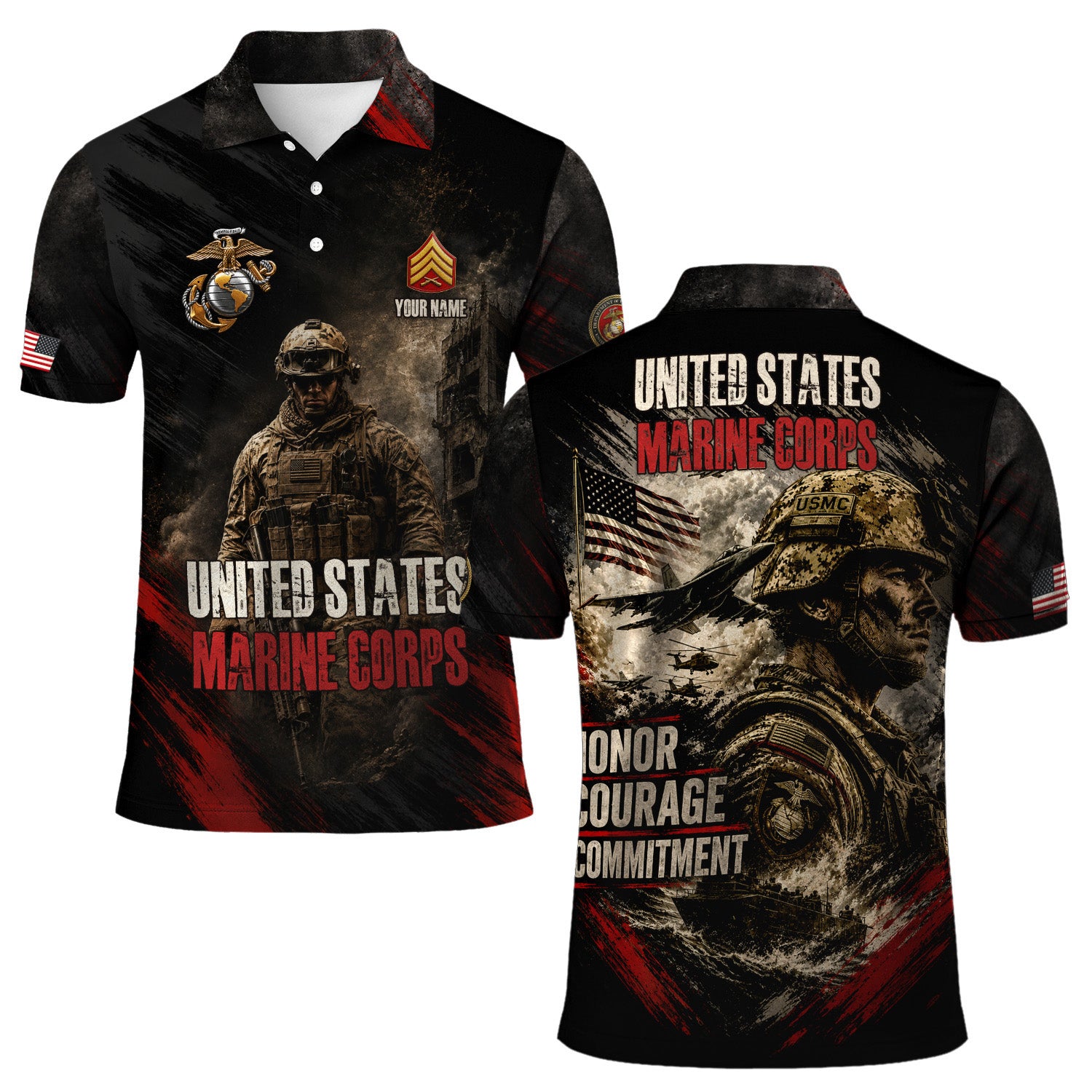US Marine Corps Personalized Military Rank All Over Print Polo Shirt
